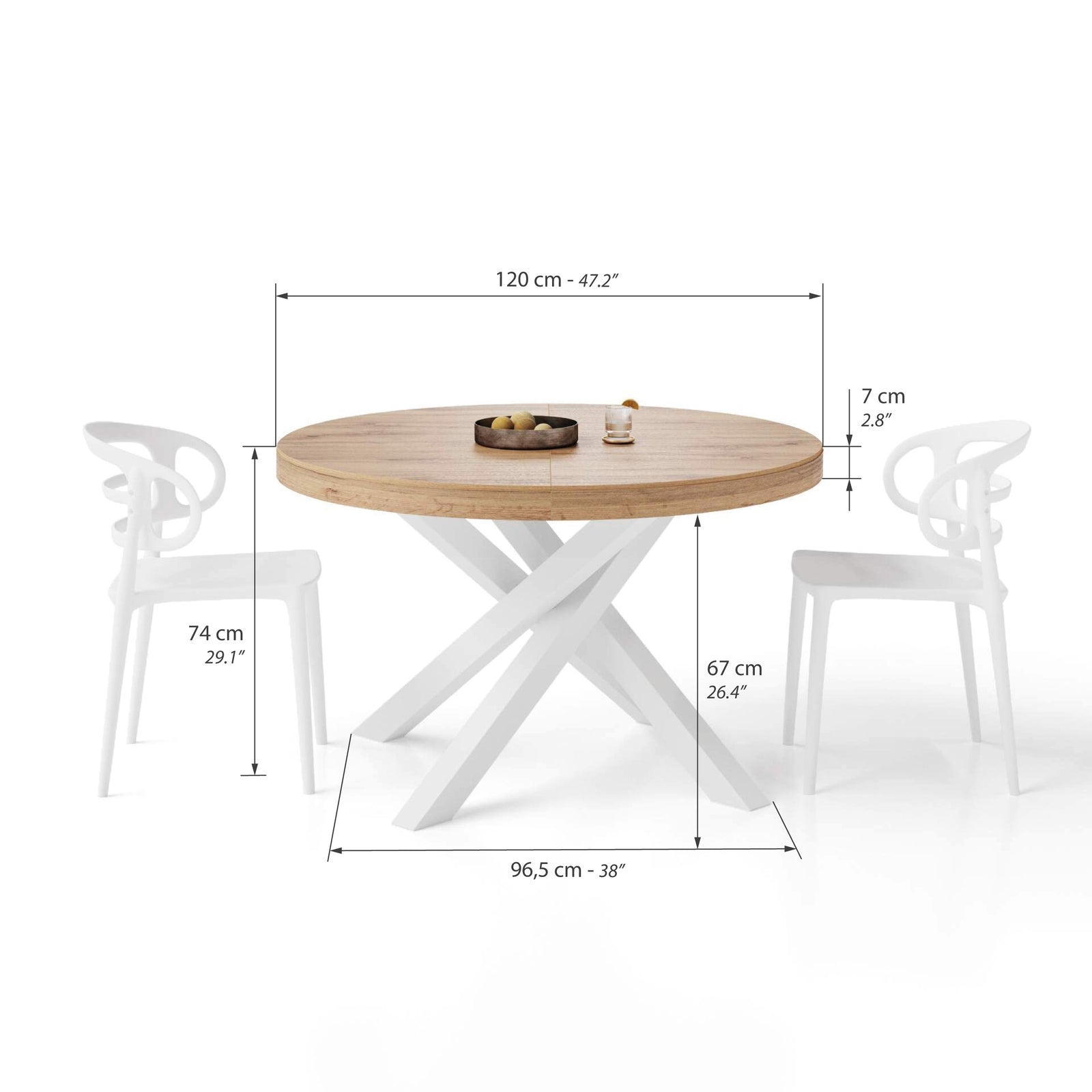 Emma Round Extendable Table, 120-160 cm, Rustic Oak with White crossed legs - Immagine tecnica 1