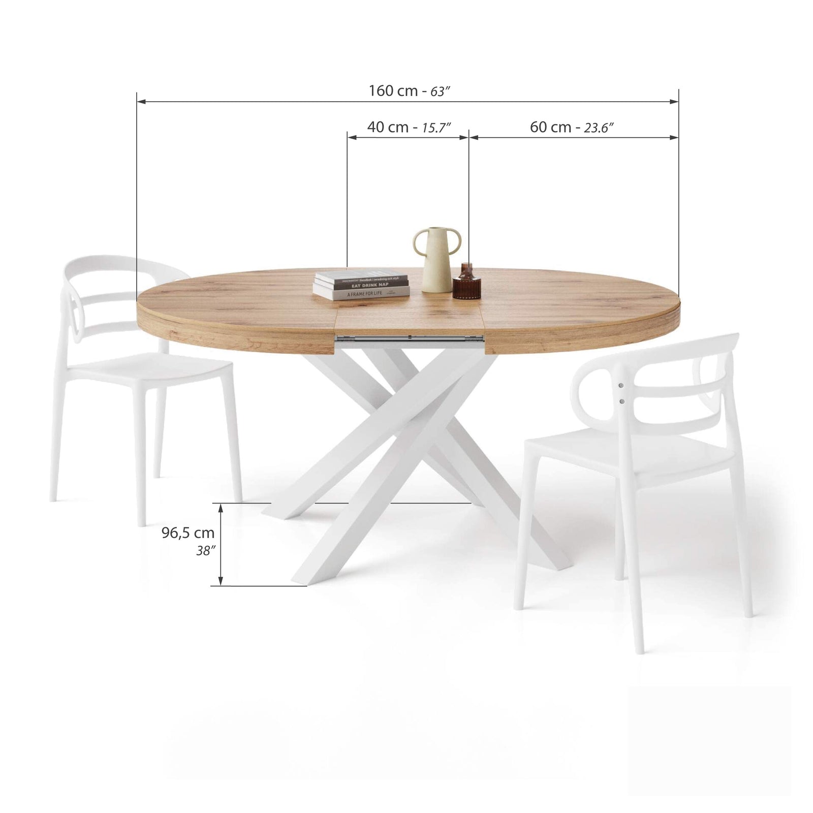 Emma Round Extendable Table, 120-160 cm, Rustic Oak with White crossed legs - Immagine tecnica 2