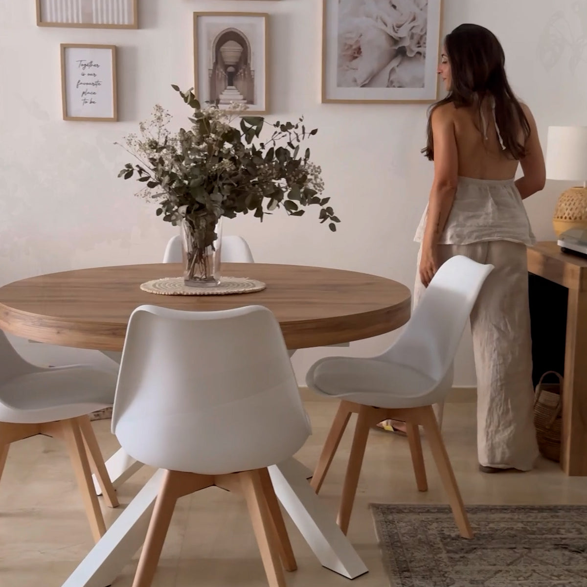 Emma Round Extendable Table, 120-160 cm, Rustic Oak with White crossed legs