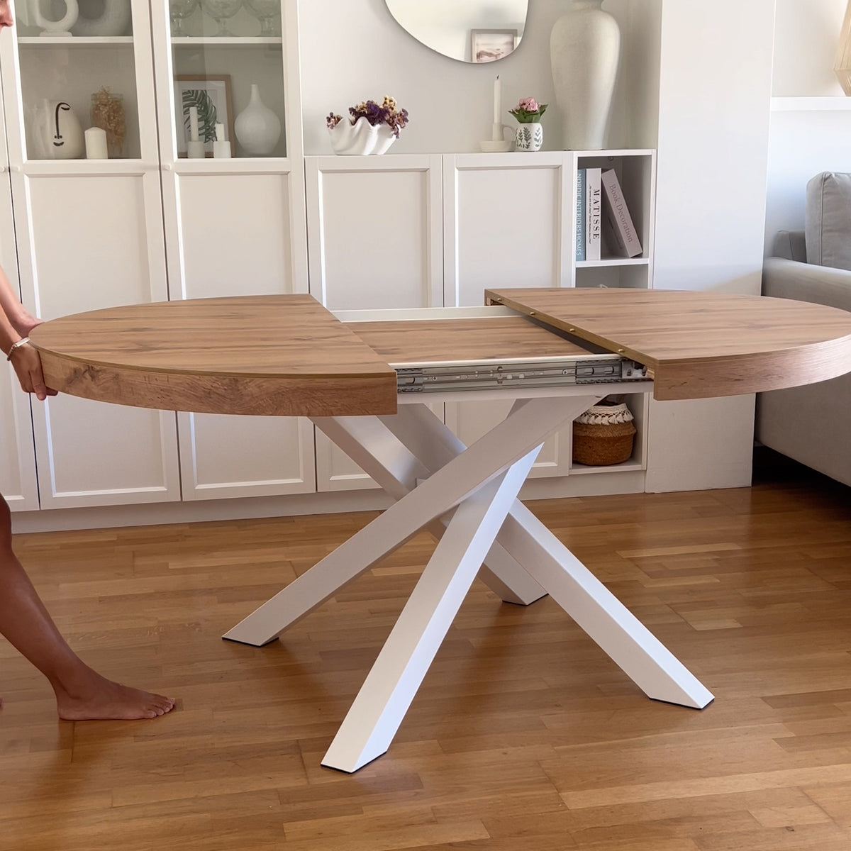 Emma Round Extendable Table, 120-160 cm, Rustic Oak with White crossed legs