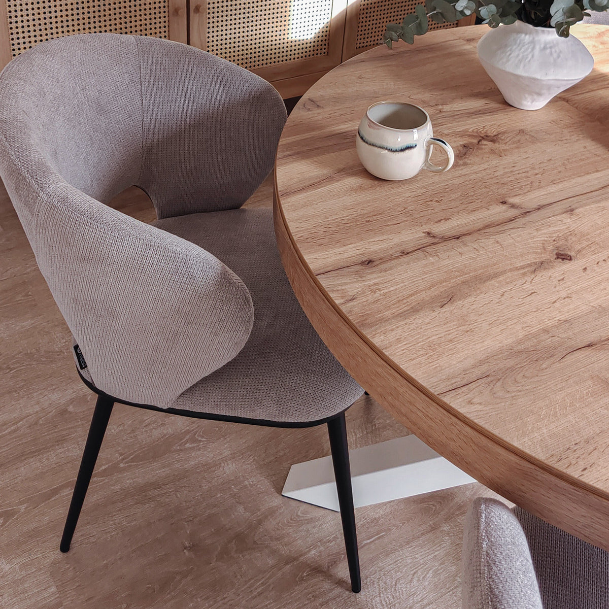 Emma Round Extendable Table, 120-160 cm, Rustic Oak with White crossed legs