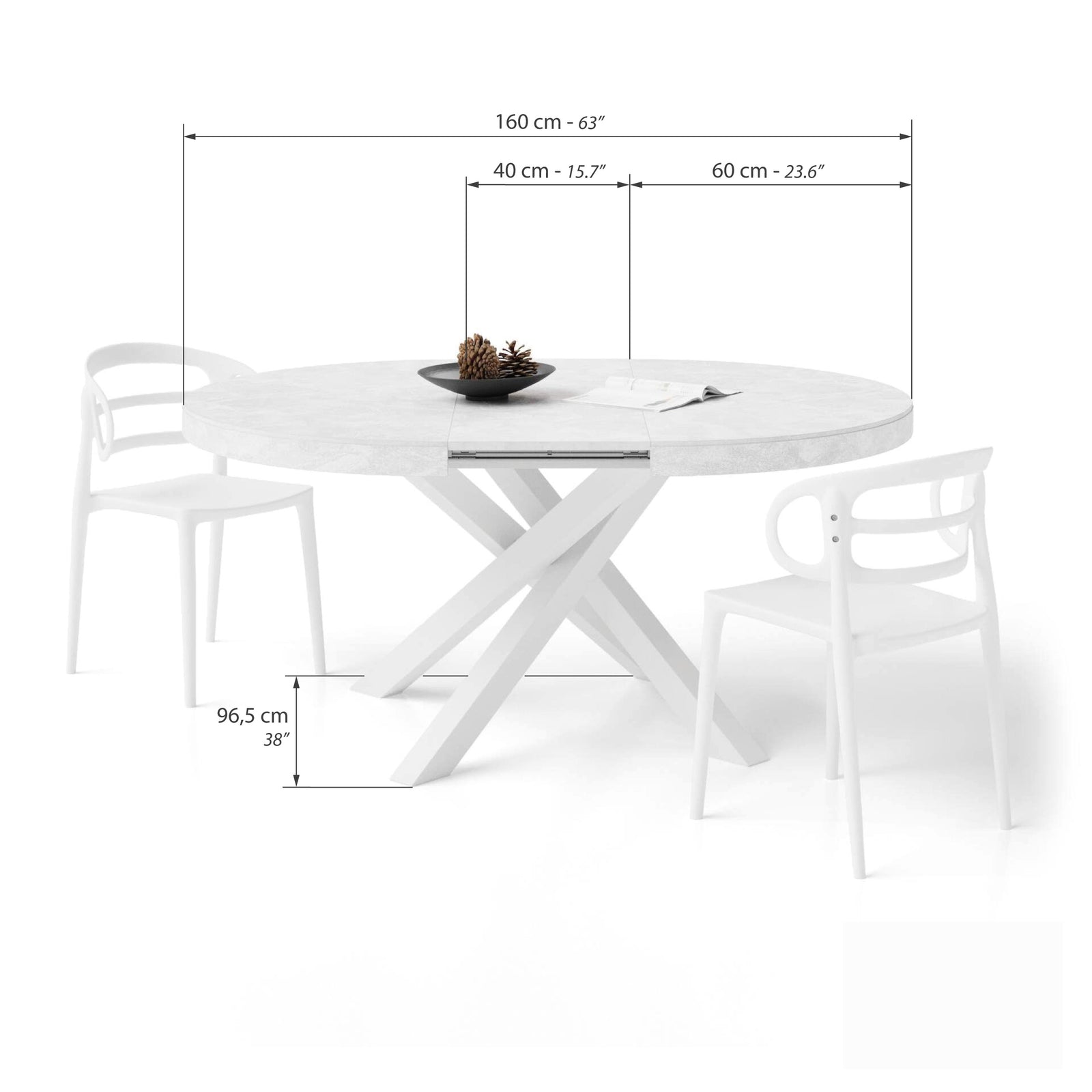 Emma Round Extendable Table, 120-160 cm, Concrete Effect, White with White crossed legs - Immagine tecnica 2