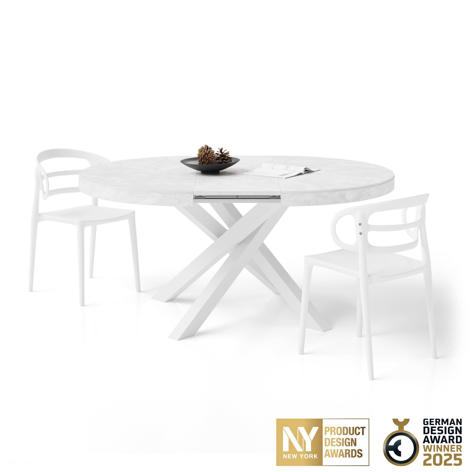 Mesa redonda extensible Emma 120-160 cm en blanco cemento con patas cruzadas blancas