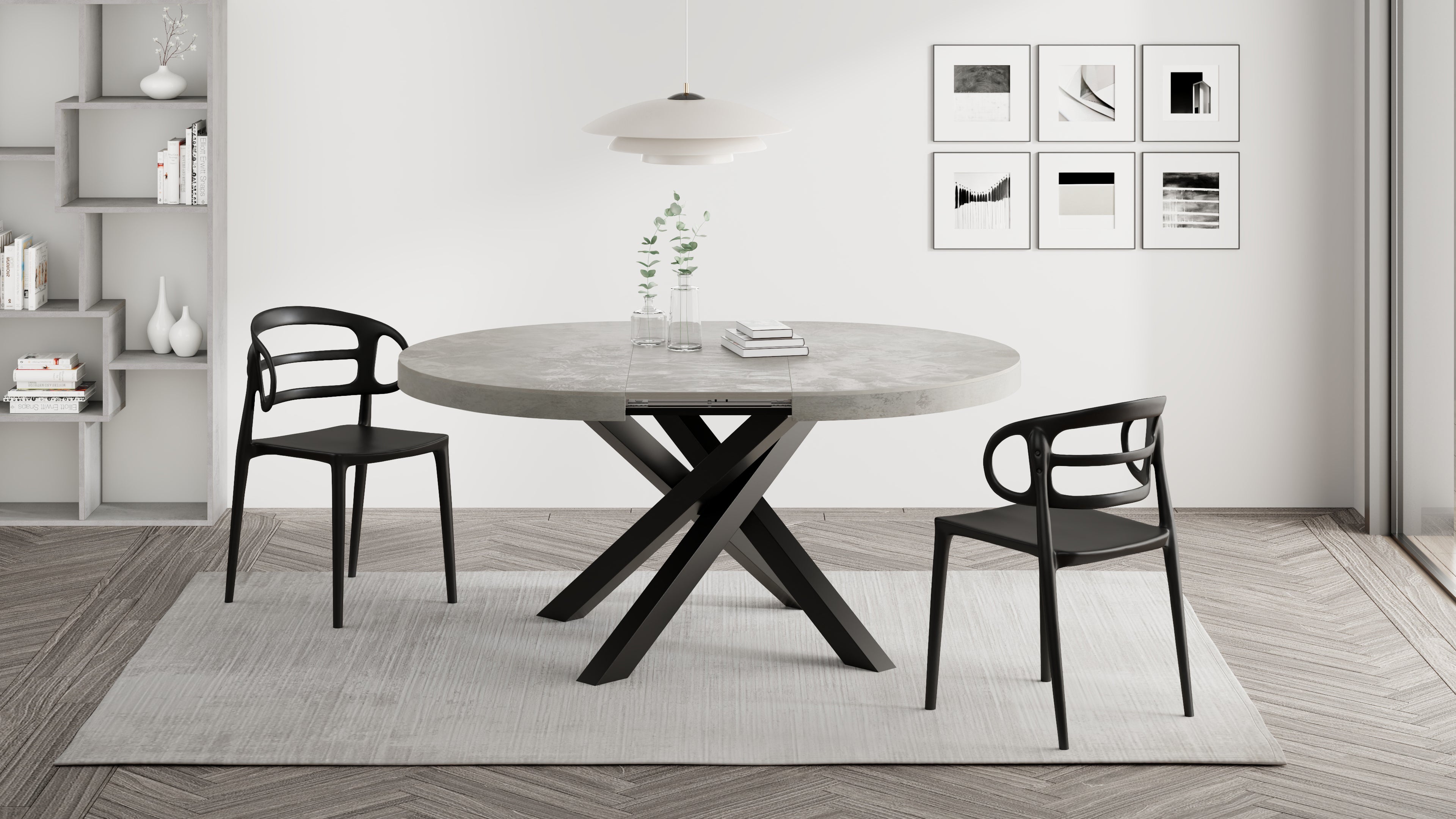 Emma Round Extendable Table, 120-160 cm, Concrete Effect, Grey with Black crossed legs - Set image 2
