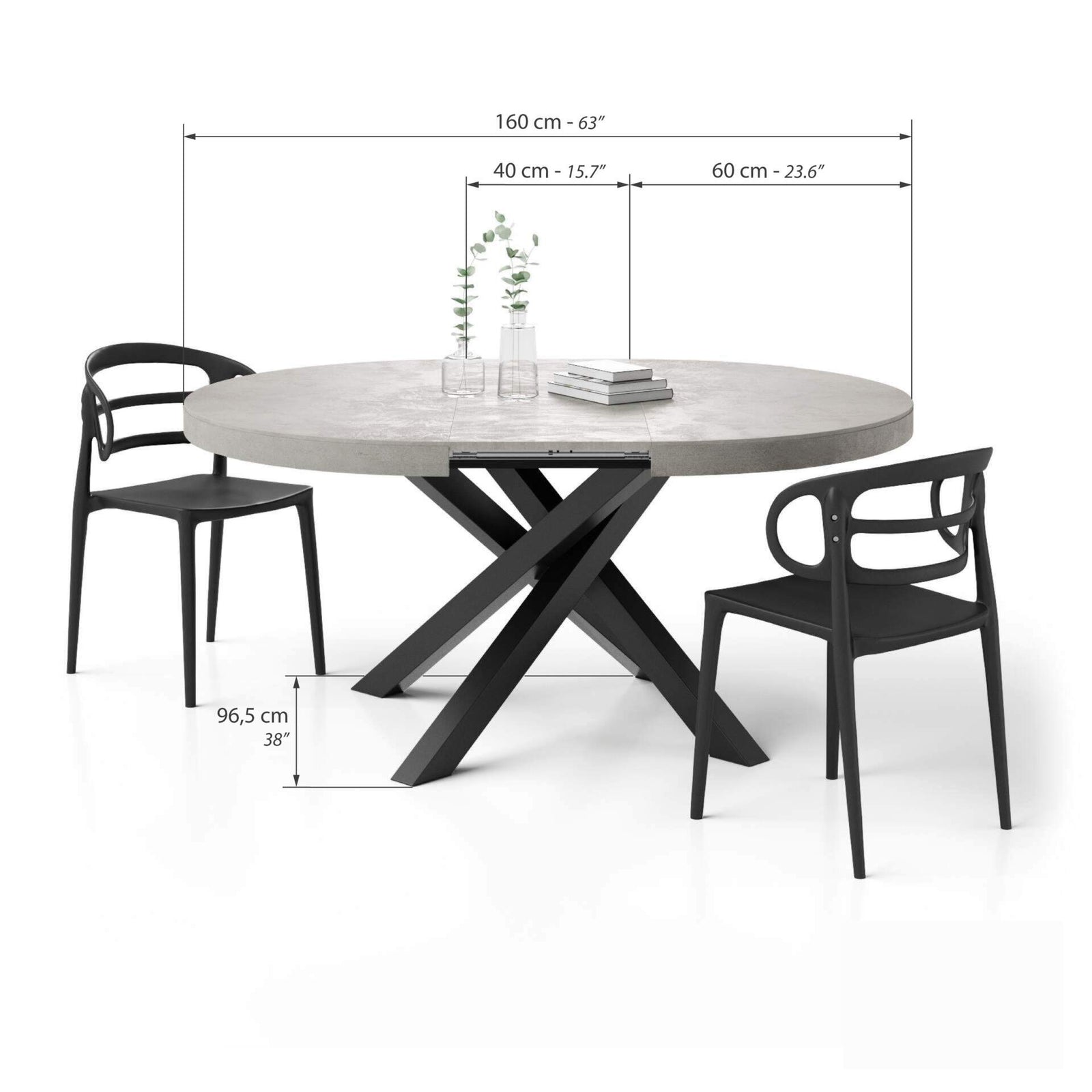Emma Round Extendable Table, 120-160 cm, Concrete Effect, Grey with Black crossed legs - Immagine tecnica 2