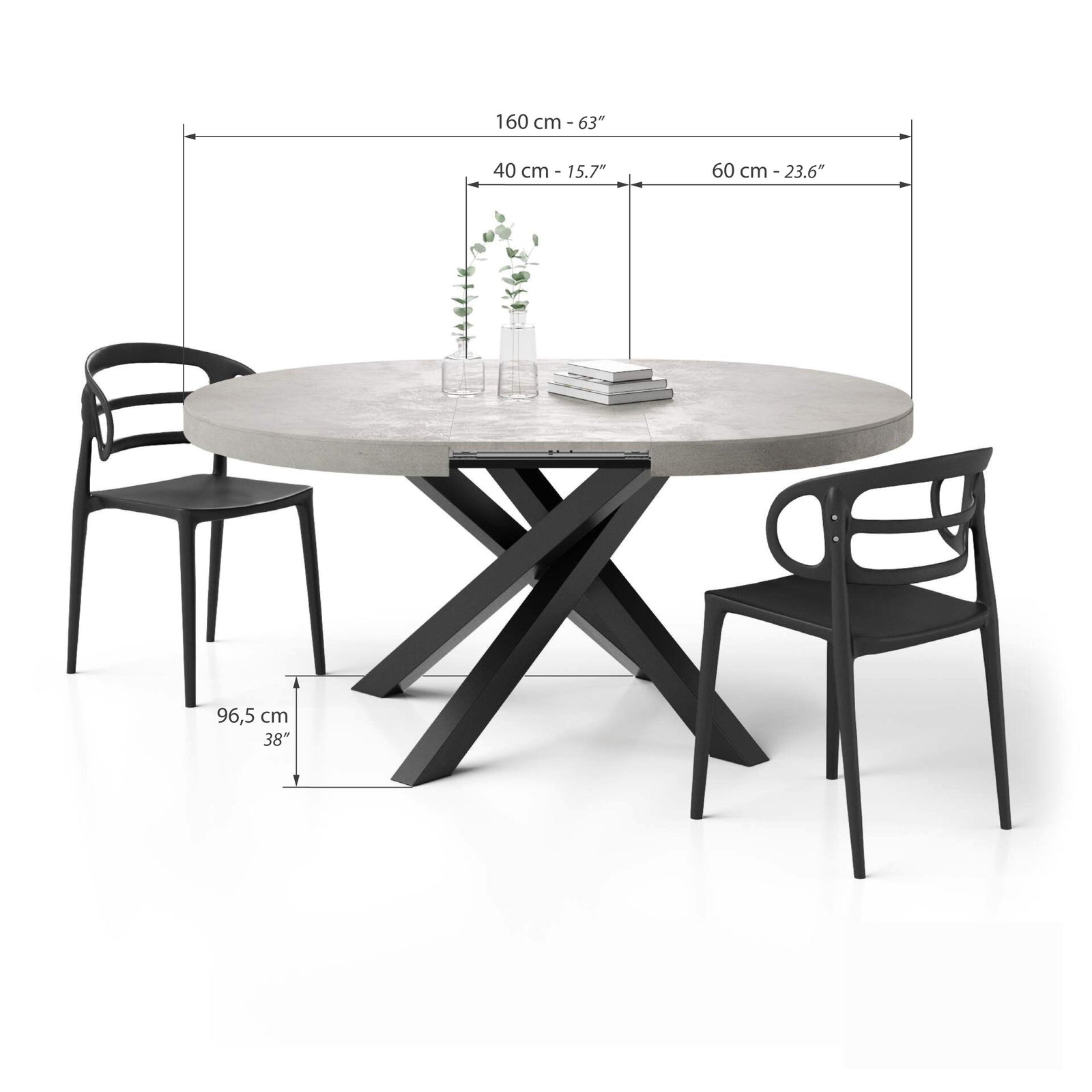 Ronde uitschuifbare Emma eettafel 120-160 cm, Beton Grijs met zwarte gekruiste poten - Immagine tecnica 2