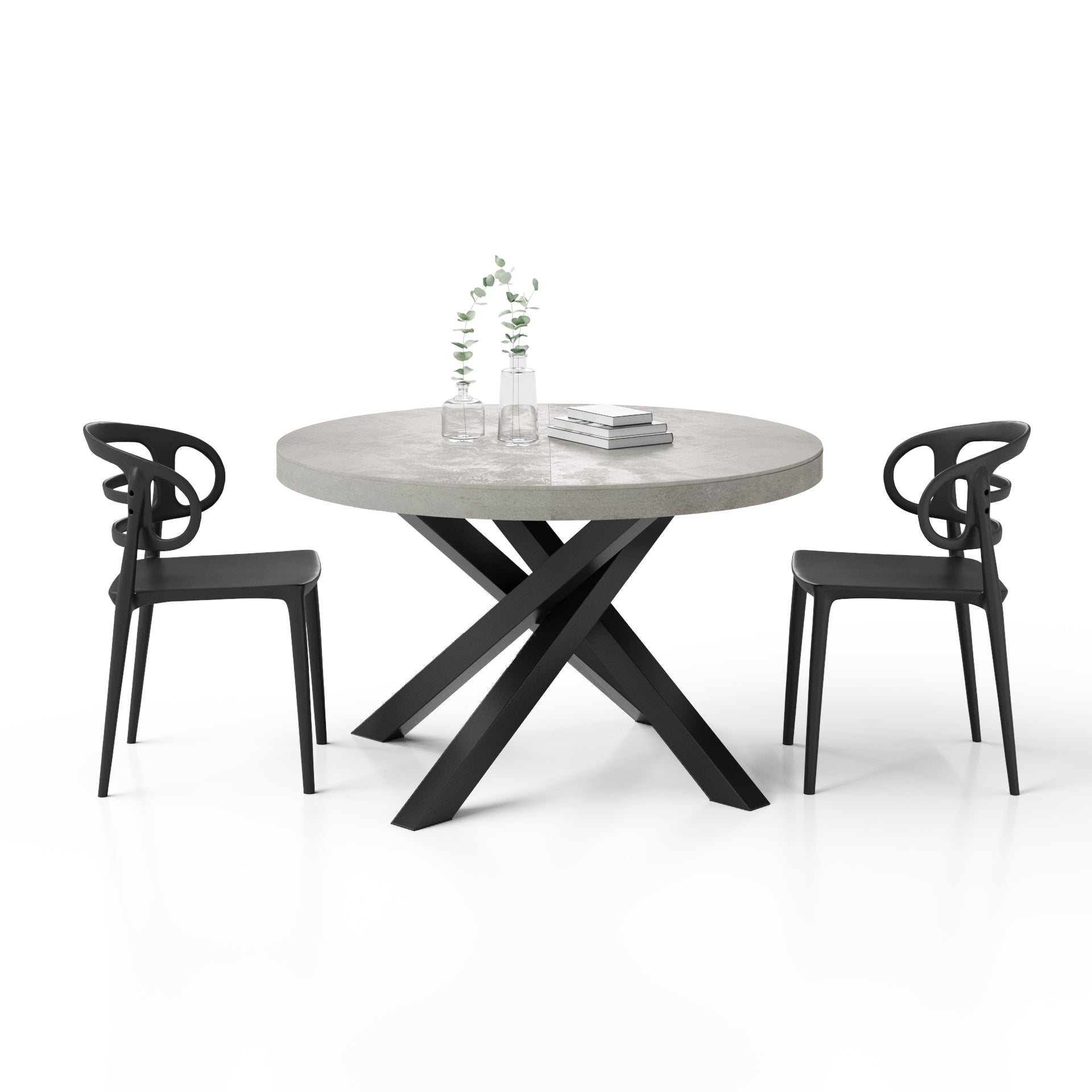 Emma Round Extendable Table, 47.2 - 63 in, Concrete Effect, Grey with Black crossed legs - Detail image 1