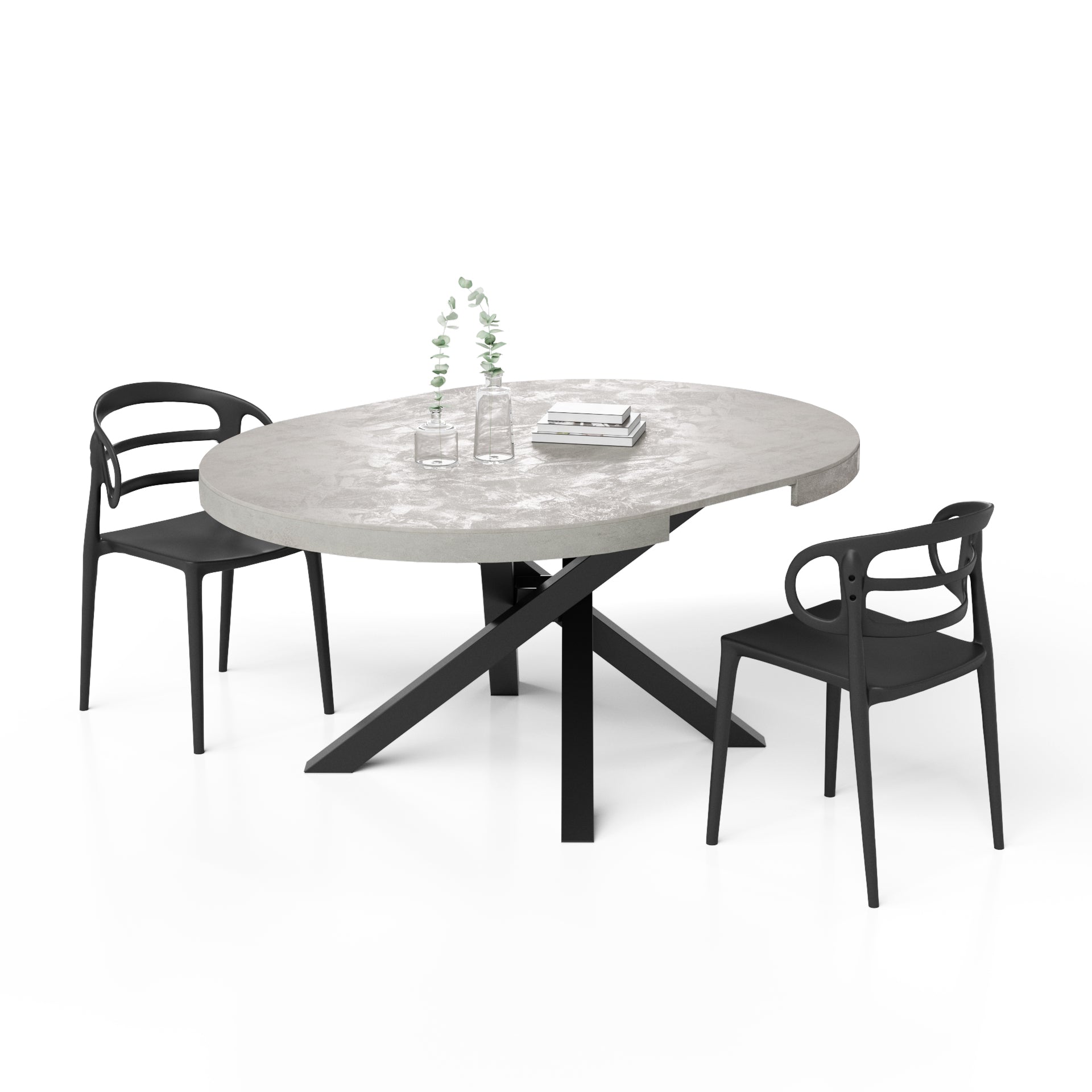 Emma Round Extendable Table, 47.2 - 63 in, Concrete Effect, Grey with Black crossed legs - Detail image 3
