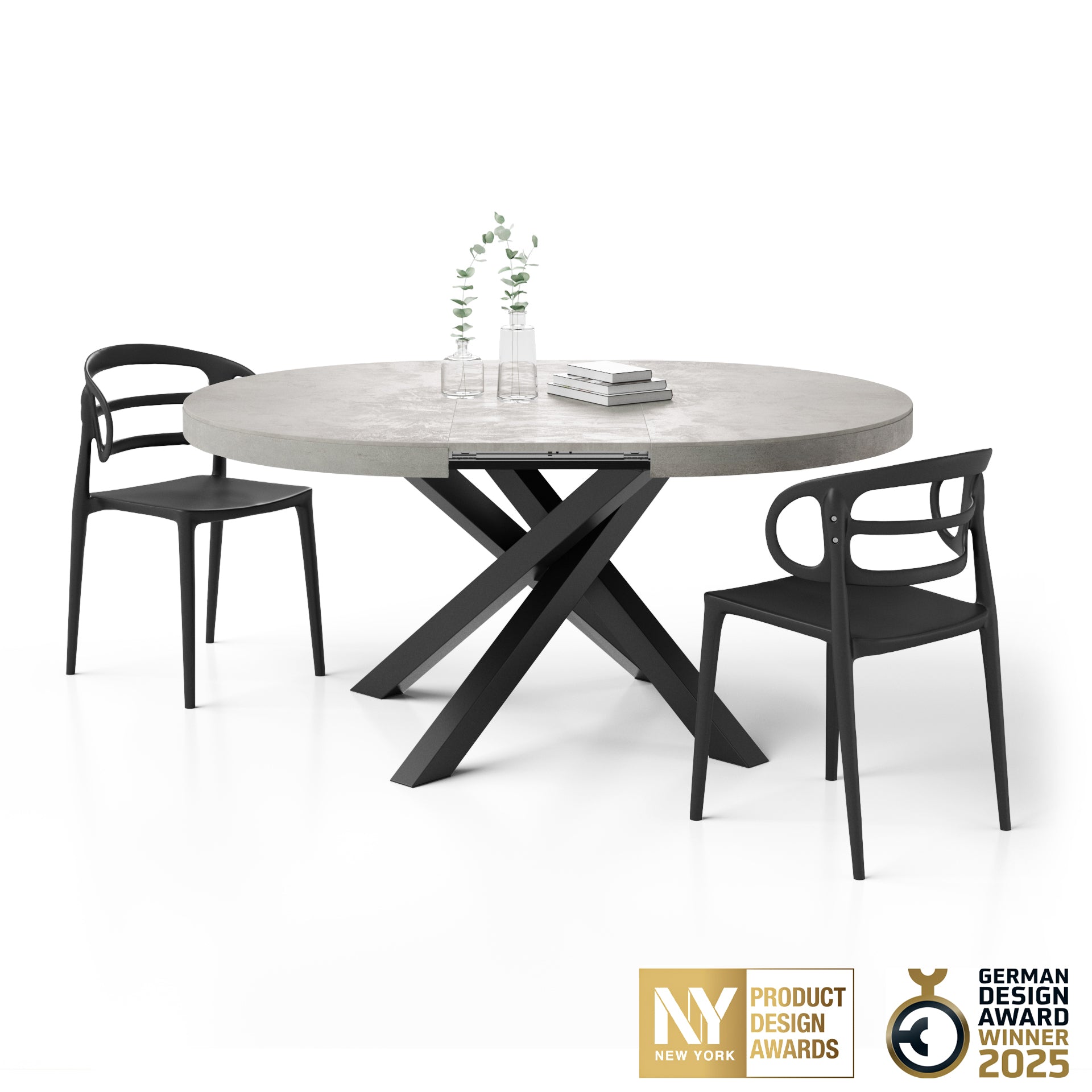 Table ronde extensible Emma, 120-160 cm, Gris Béton, avec pieds noirs croisés