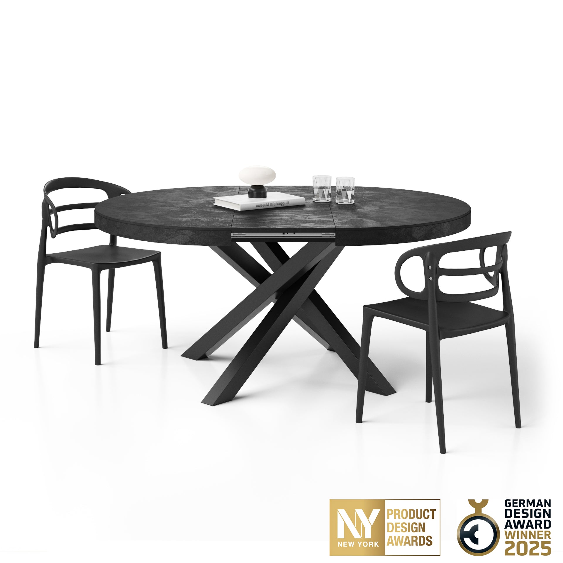 Table ronde extensible Emma, 120-160 cm, Noir Béton, avec pieds noirs croisés