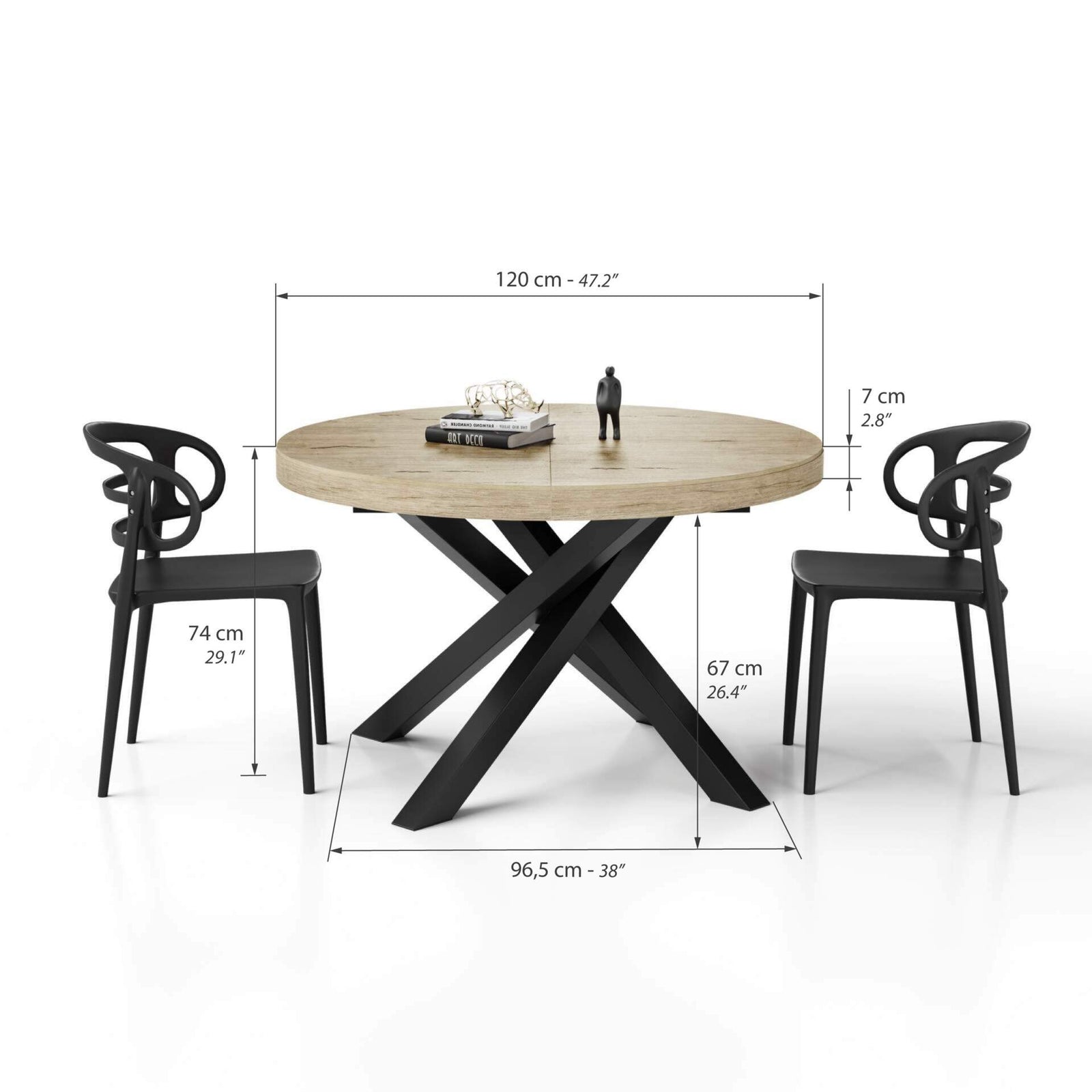 Mesa redonda extensible Emma 120-160 cm en color Encina con patas cruzadas negras - Immagine tecnica 1