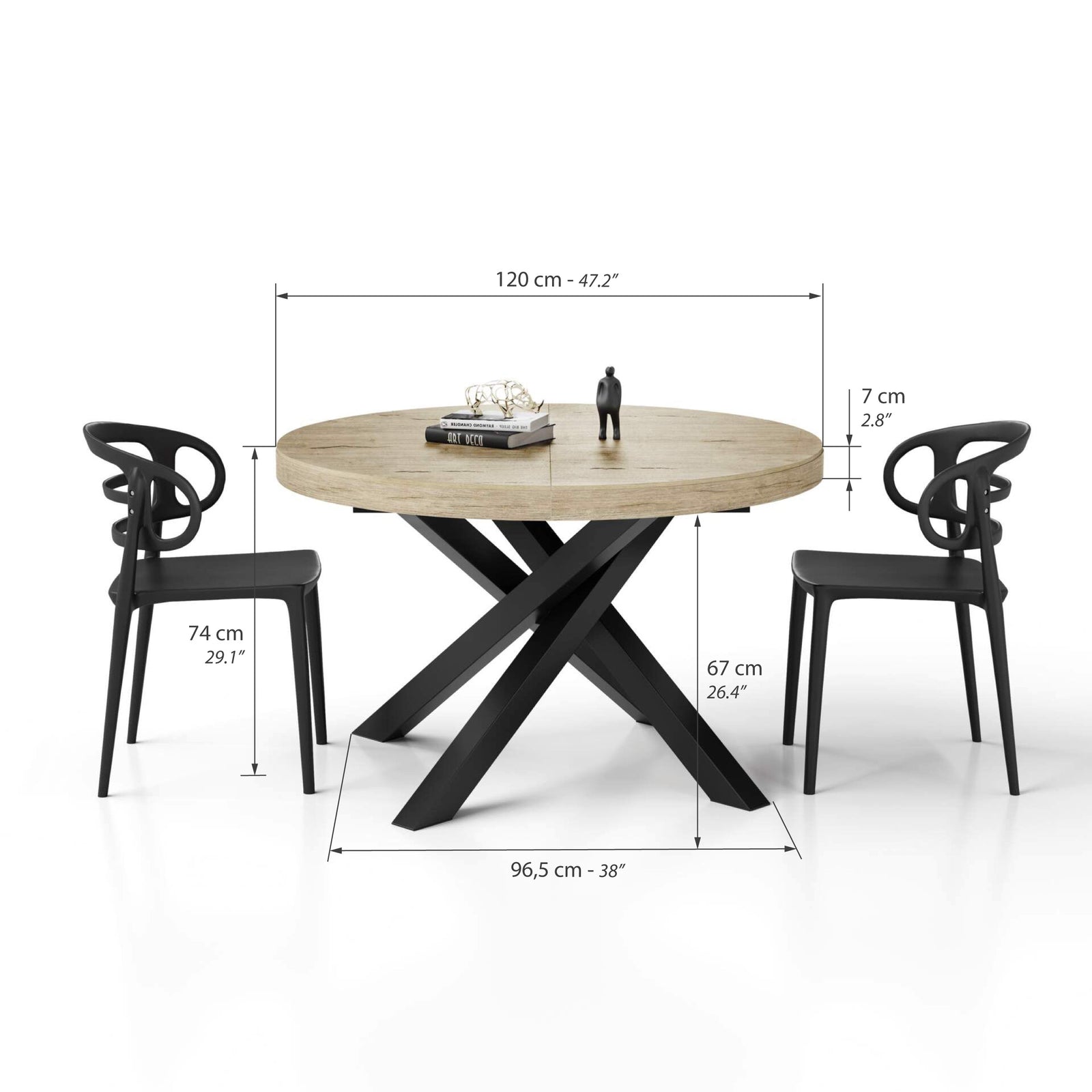 Runder ausziehbarer Tisch Emma, 120-160 cm, Eiche mit gekreuzten Schwarzen Beinen - Immagine tecnica 1