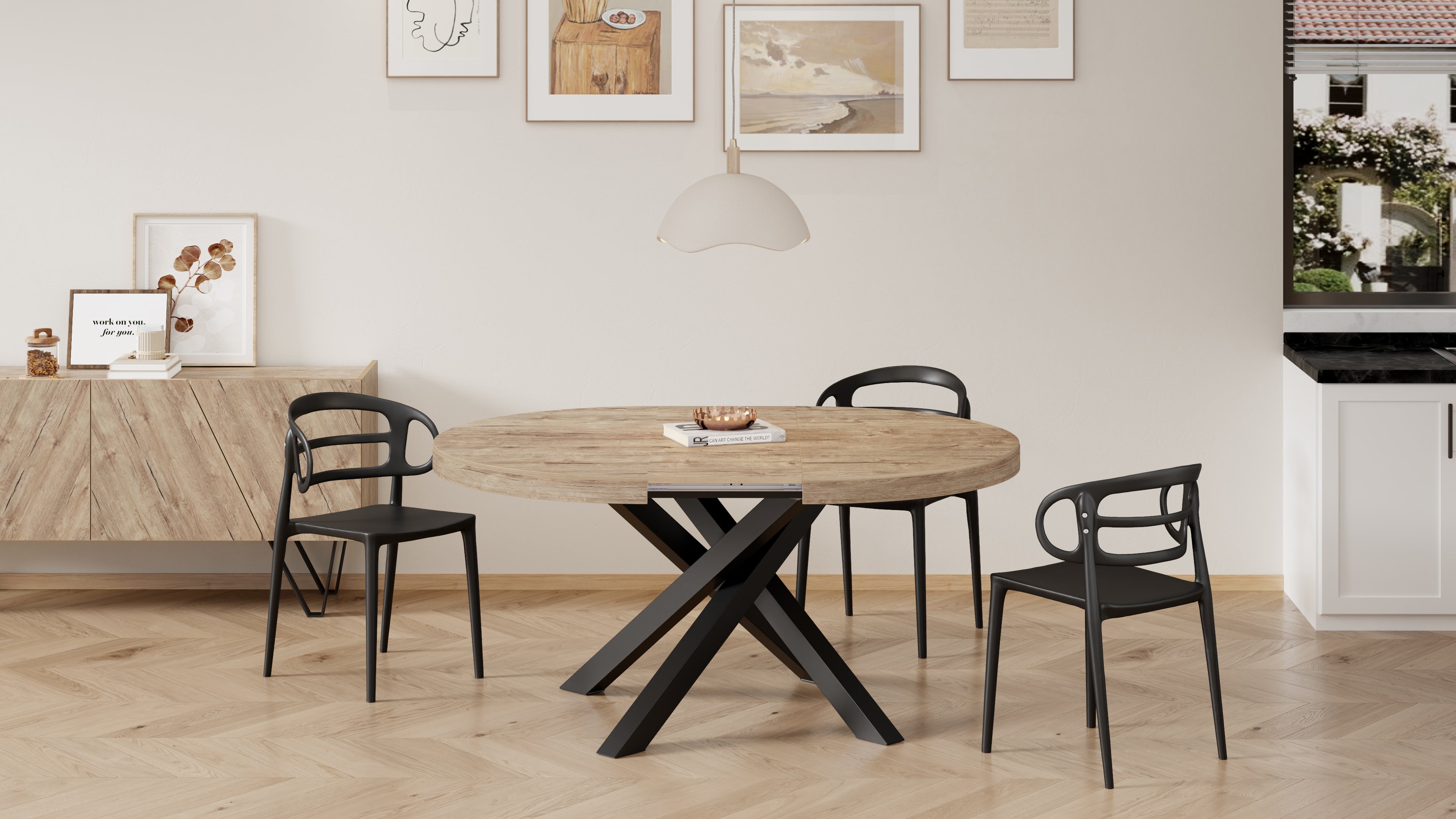 Tavolo Allungabile Rotondo Emma, 120-160 cm, Quercia con gambe Incrociate Nere - Immagine ambientata 2