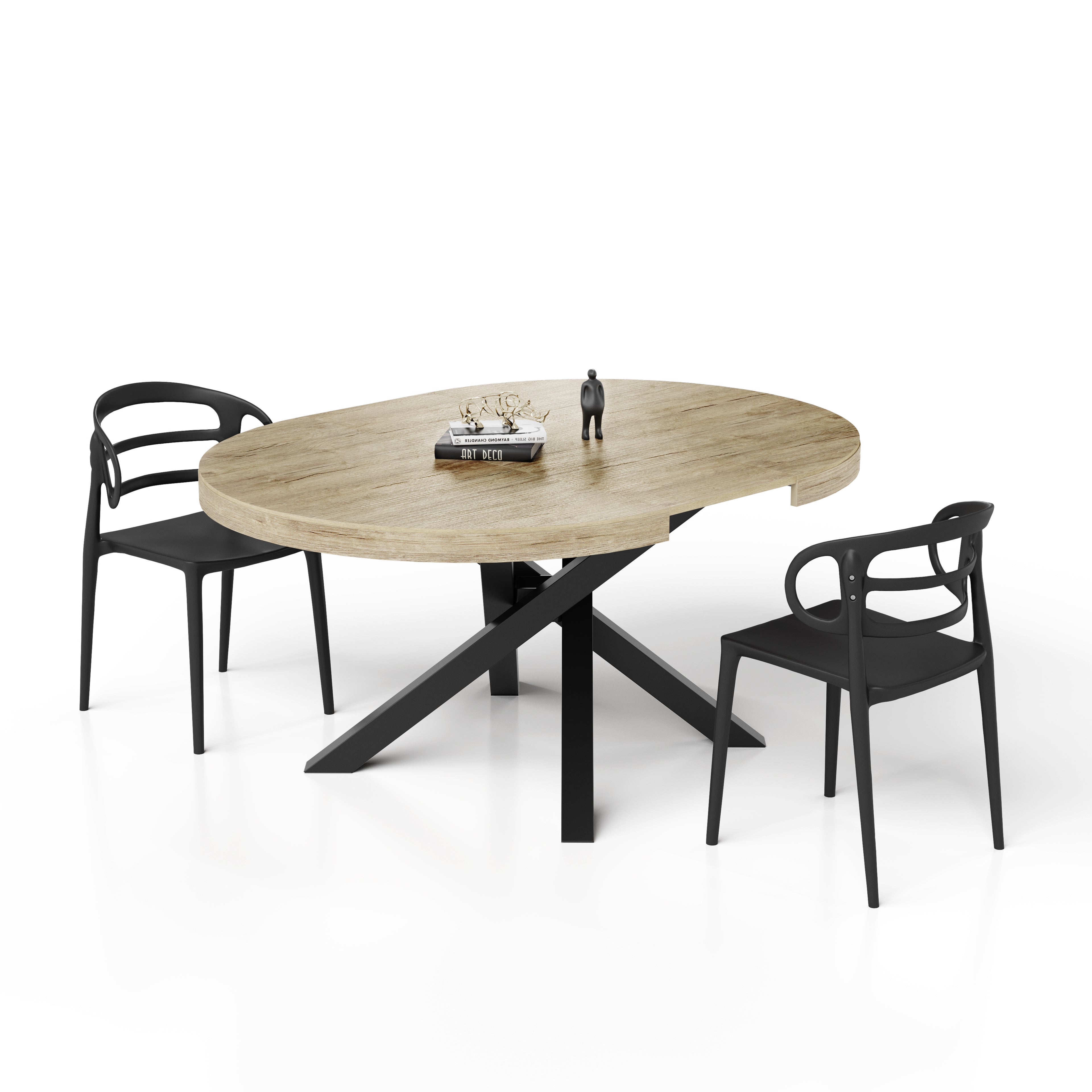 Mesa redonda extensible Emma 120-160 cm en color Encina con patas cruzadas negras - Detail image 2