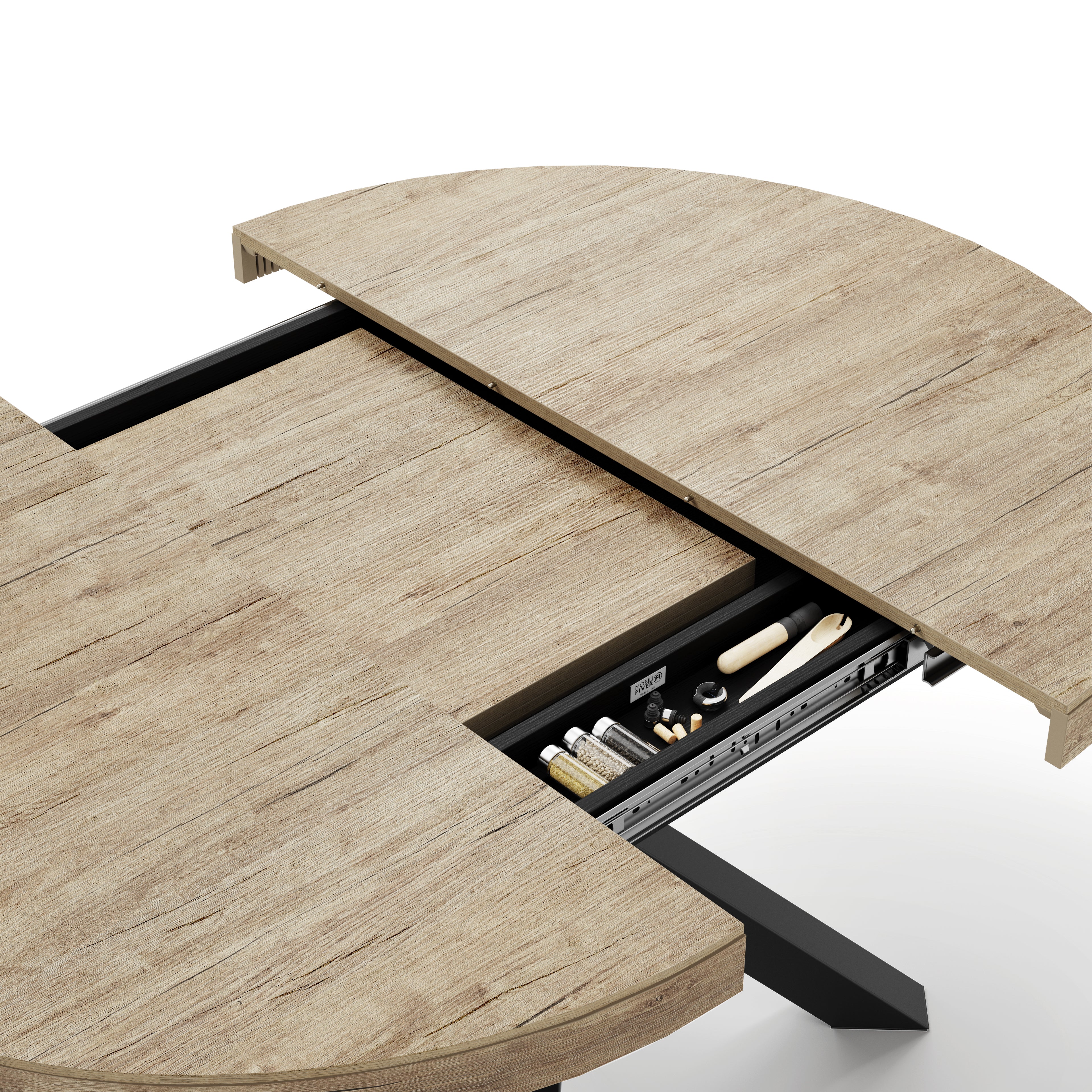 Mesa redonda extensible Emma 120-160 cm en color Encina con patas cruzadas negras - Detail image 1