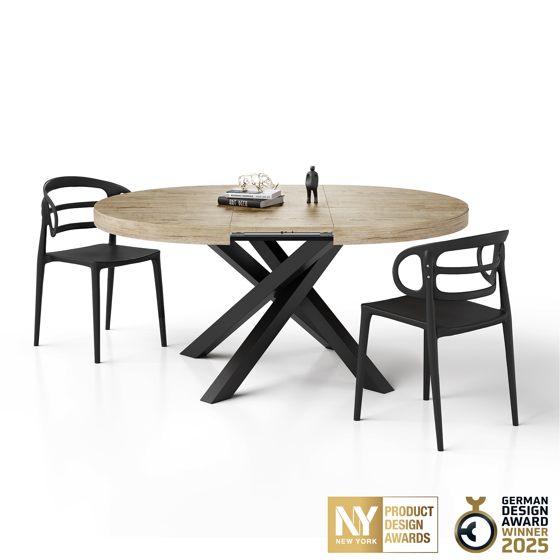 Mesa redonda extensible Emma 120-160 cm en color Encina con patas cruzadas negras
