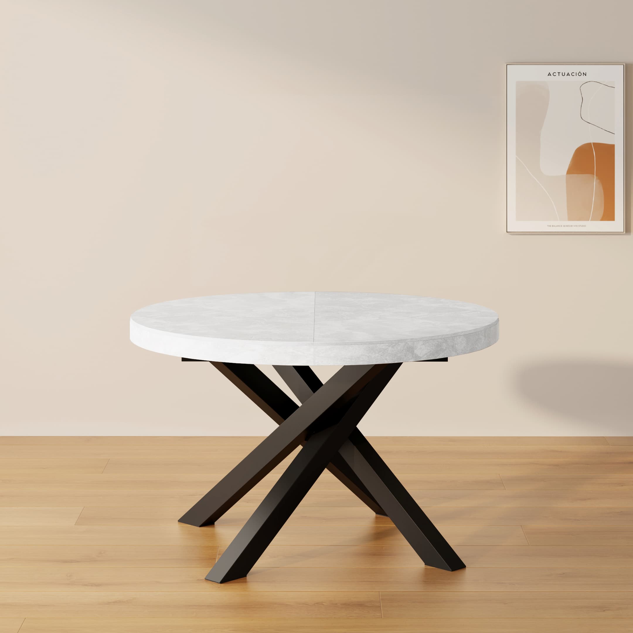 Emma Round Extendable Table, 47.2 - 63 in, Concrete Effect, White with Black crossed legs - Set image 1