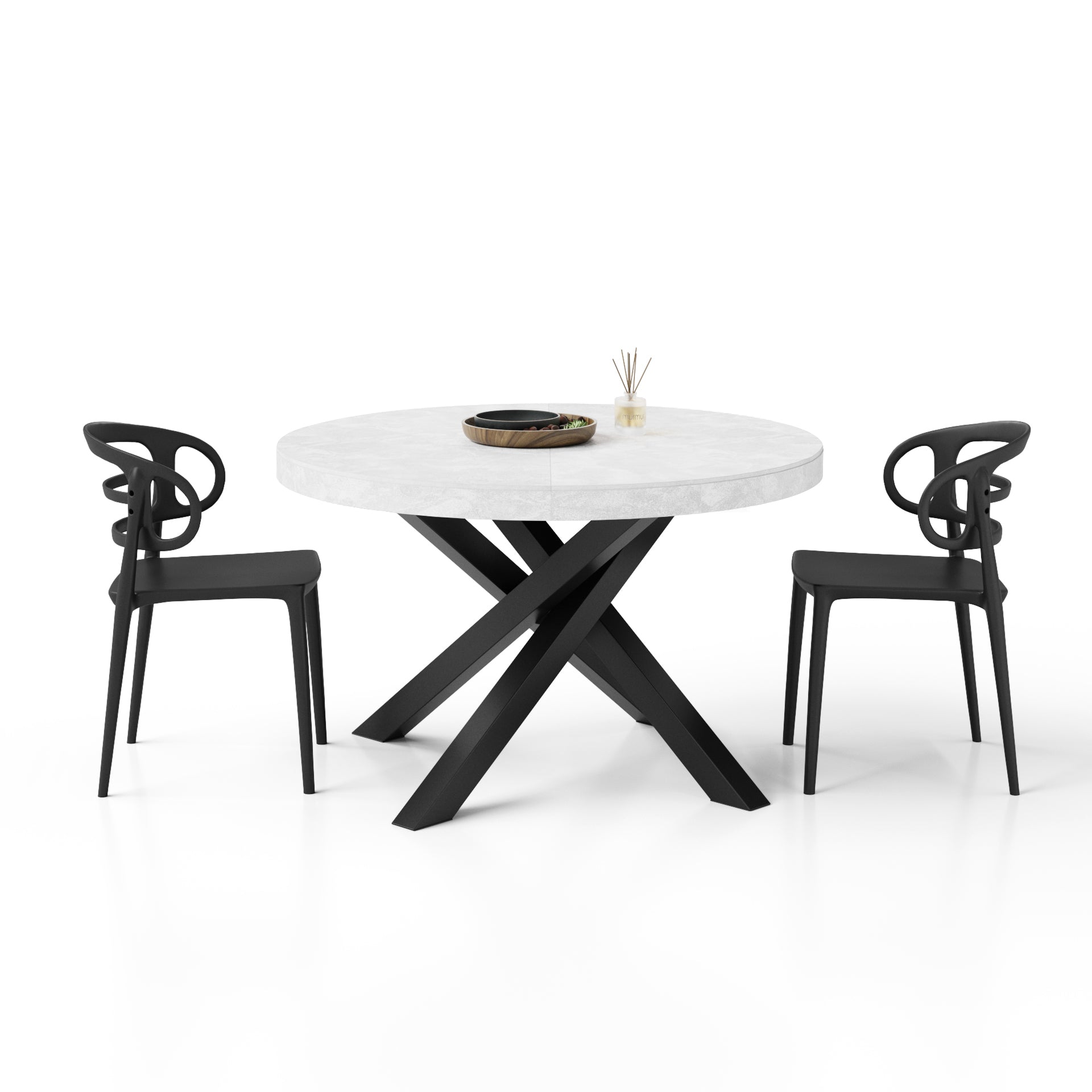 Mesa redonda extensible Emma 120-160 cm en blanco cemento con patas cruzadas negras