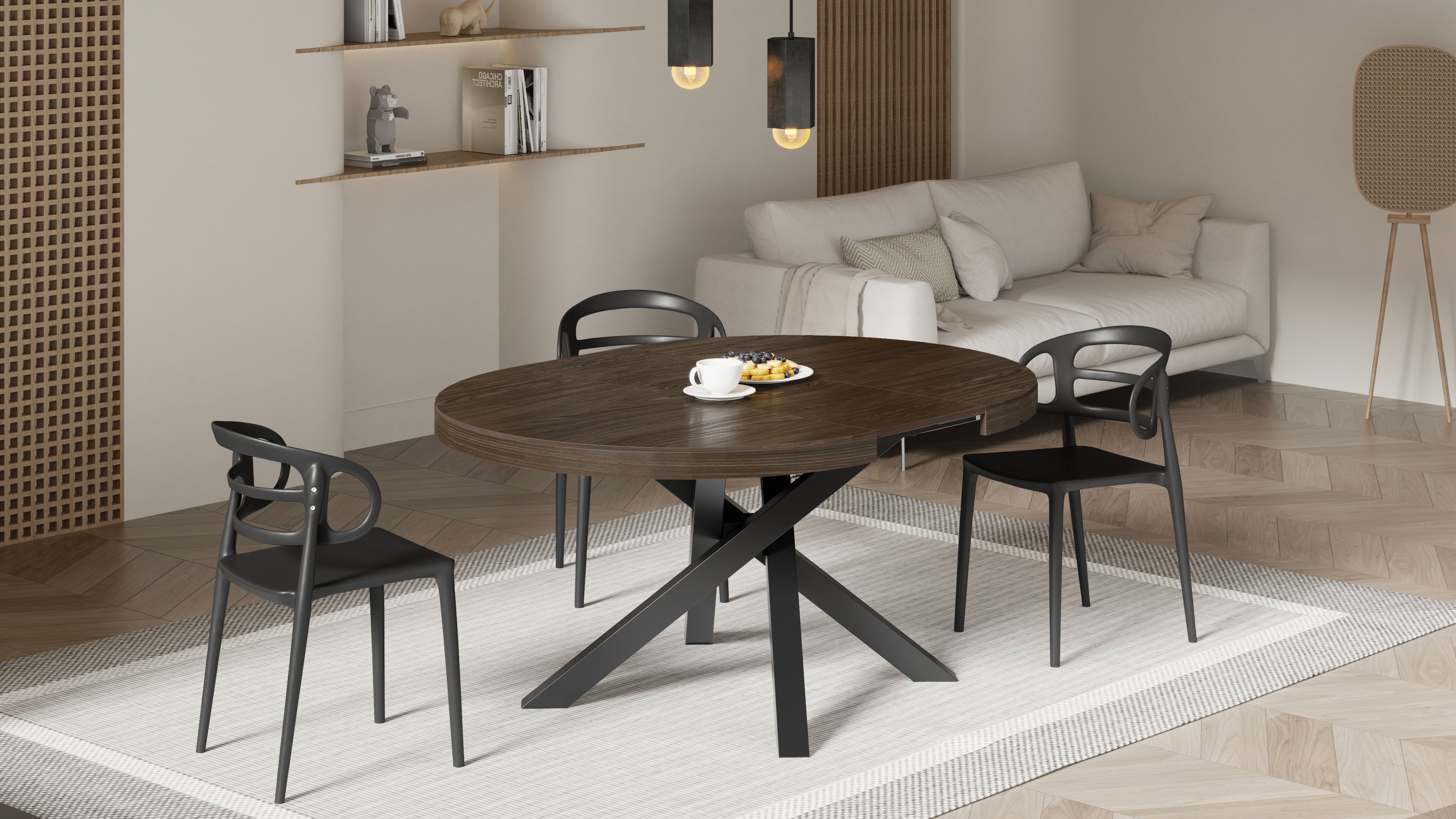 Mesa redonda extensible Emma 120-160 cm en color nogal americano con patas cruzadas negras - Set image 4
