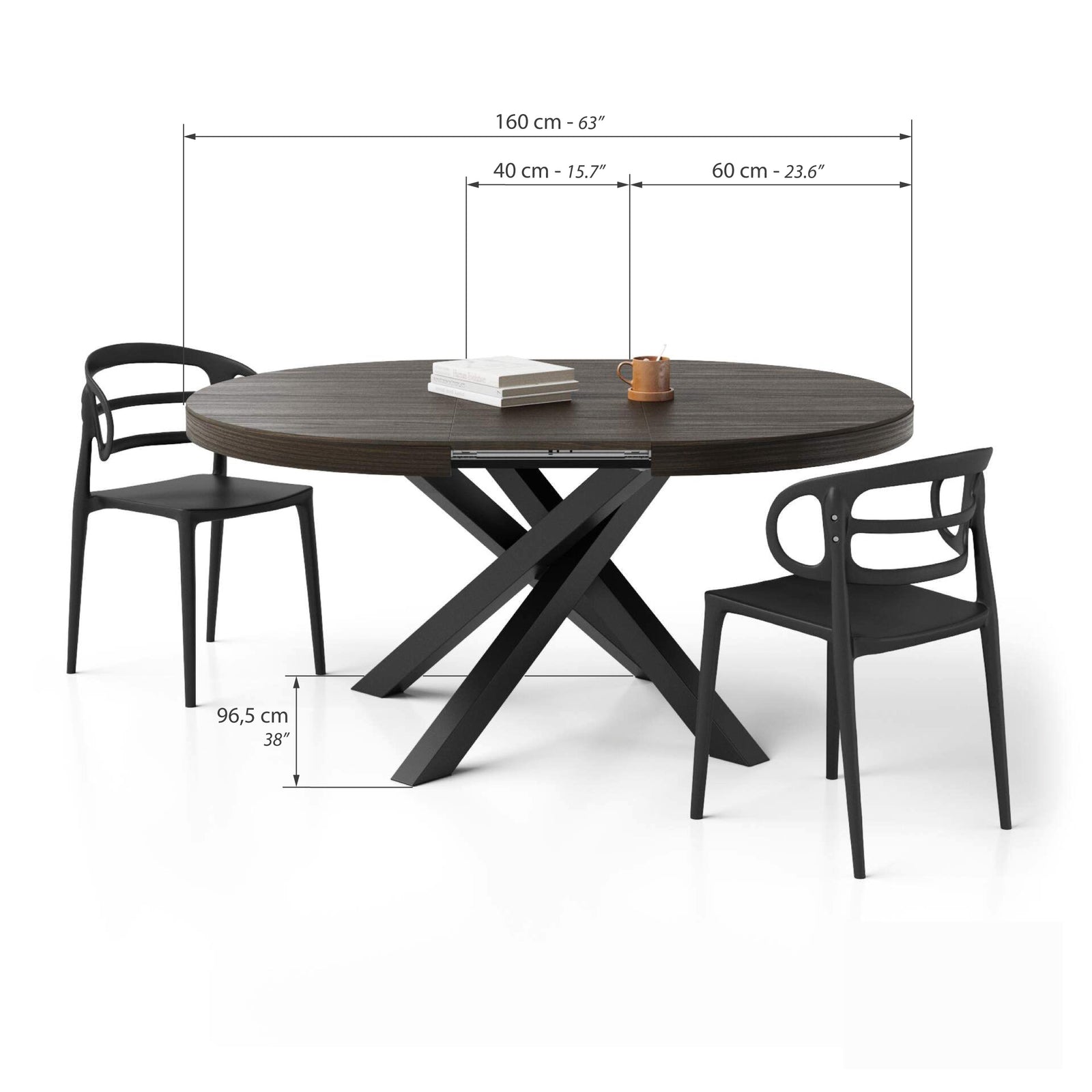 Runder ausziehbarer Tisch Emma, 120-160 cm, Nussbaum Dunkel mit gekreuzten Schwarzen Beinen - Immagine tecnica 2