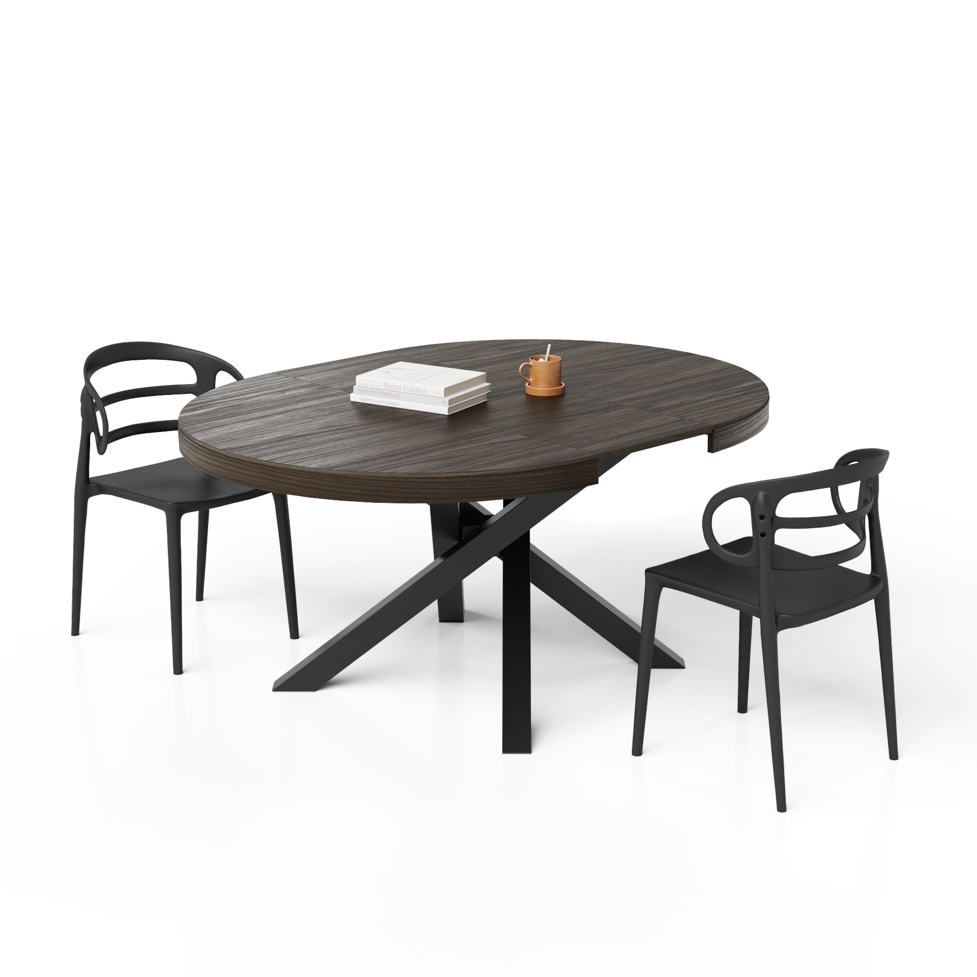Mesa redonda extensible Emma 120-160 cm en color nogal americano con patas cruzadas negras - Detail image 3
