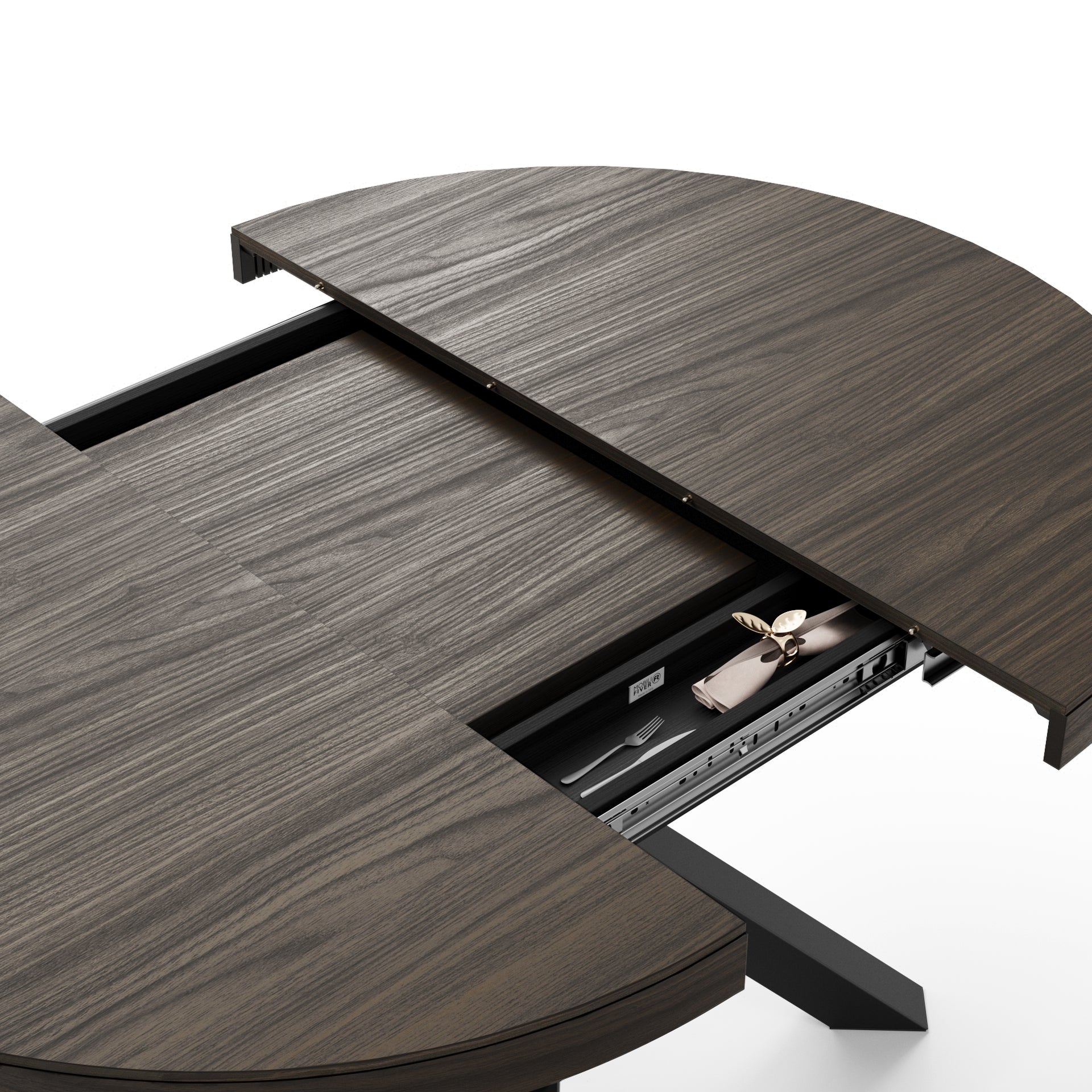 Mesa redonda extensible Emma 120-160 cm en color nogal americano con patas cruzadas negras - Detail image 2
