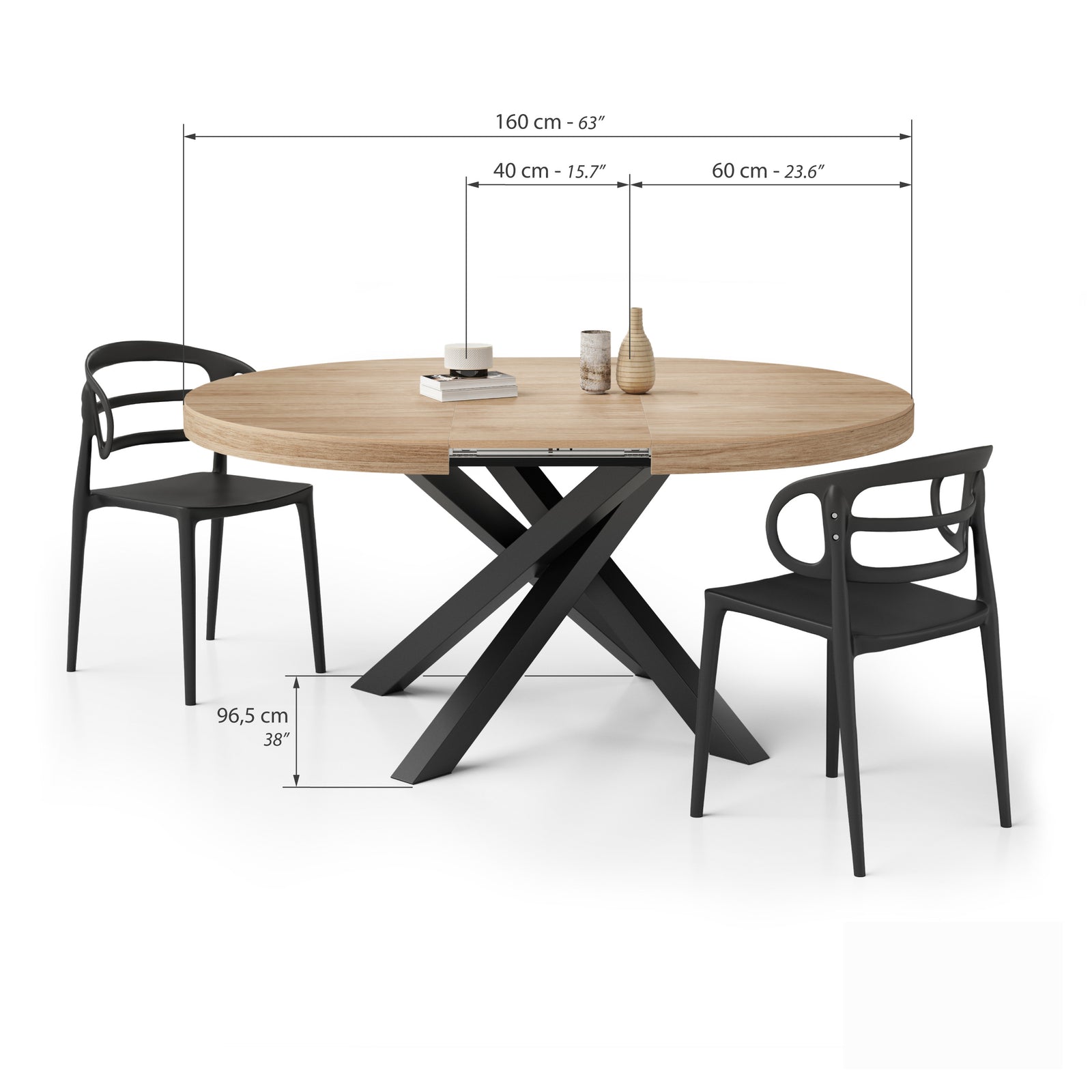 Emma Round Extendable Table, 120-160 cm, Light Oak with Black crossed legs - Immagine tecnica 2