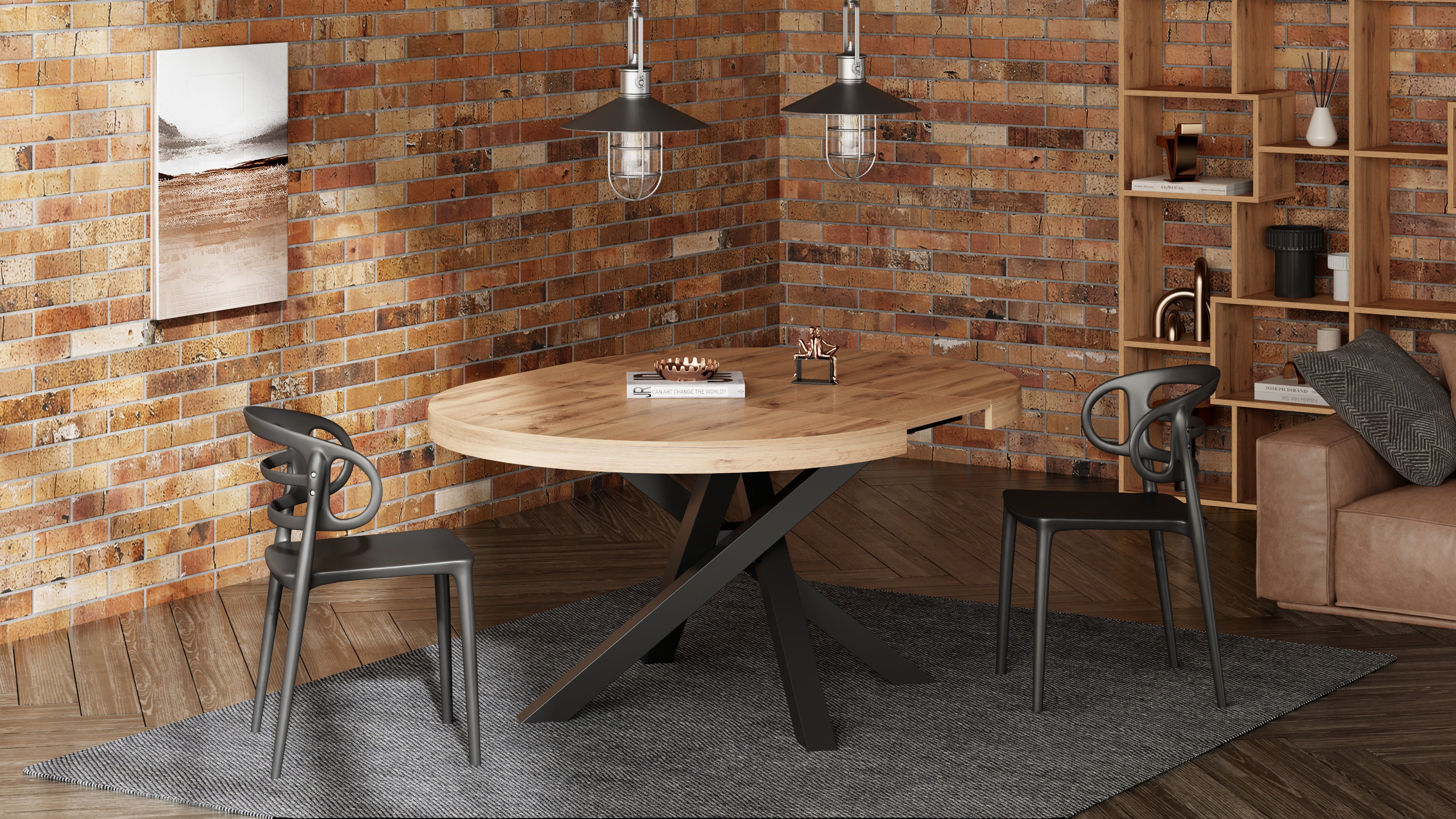 Mesa redonda extensible Emma 120-160 cm en color madera rústica con patas cruzadas negras - Set image 6