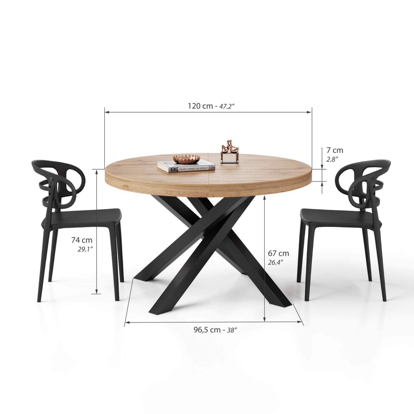 Runder ausziehbarer Tisch Emma, 120-160 cm, Rustikale Eiche mit gekreuzten Schwarzen Beinen - Immagine tecnica 1