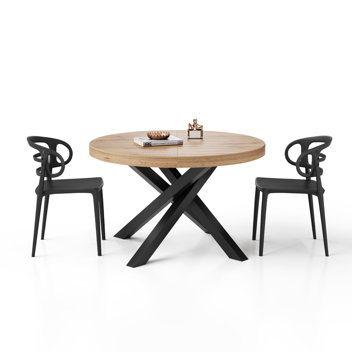 Emma Round Extendable Table, 120-160 cm, Rustic Oak with Black crossed legs