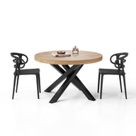 Emma Round Extendable Table, 120-160 cm, Rustic Oak with Black crossed legs