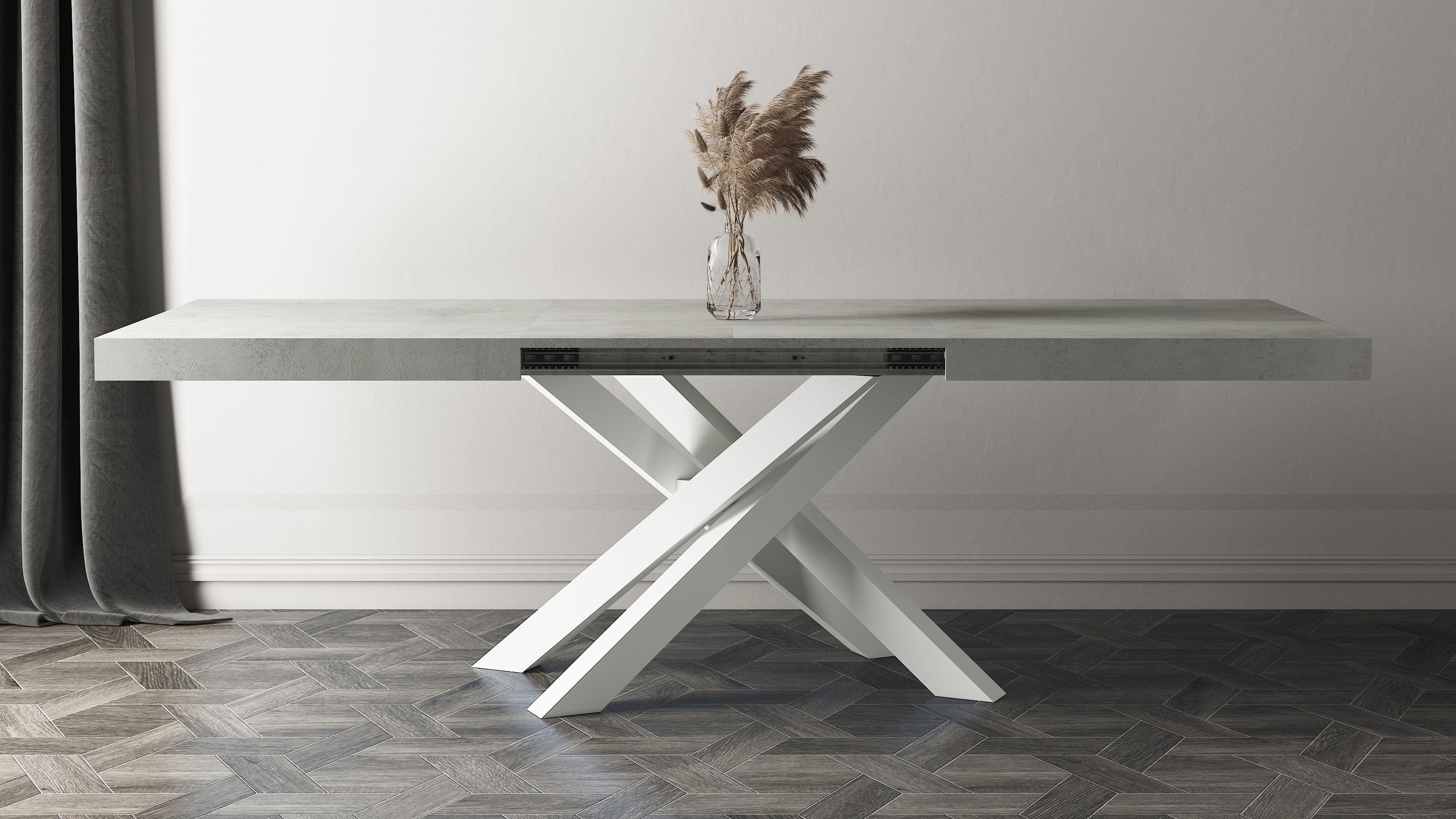 Mesa Extensível Emma 140(220)x90 cm, Cimento Cinza com Pernas Cruzadas Brancas - Set image 1