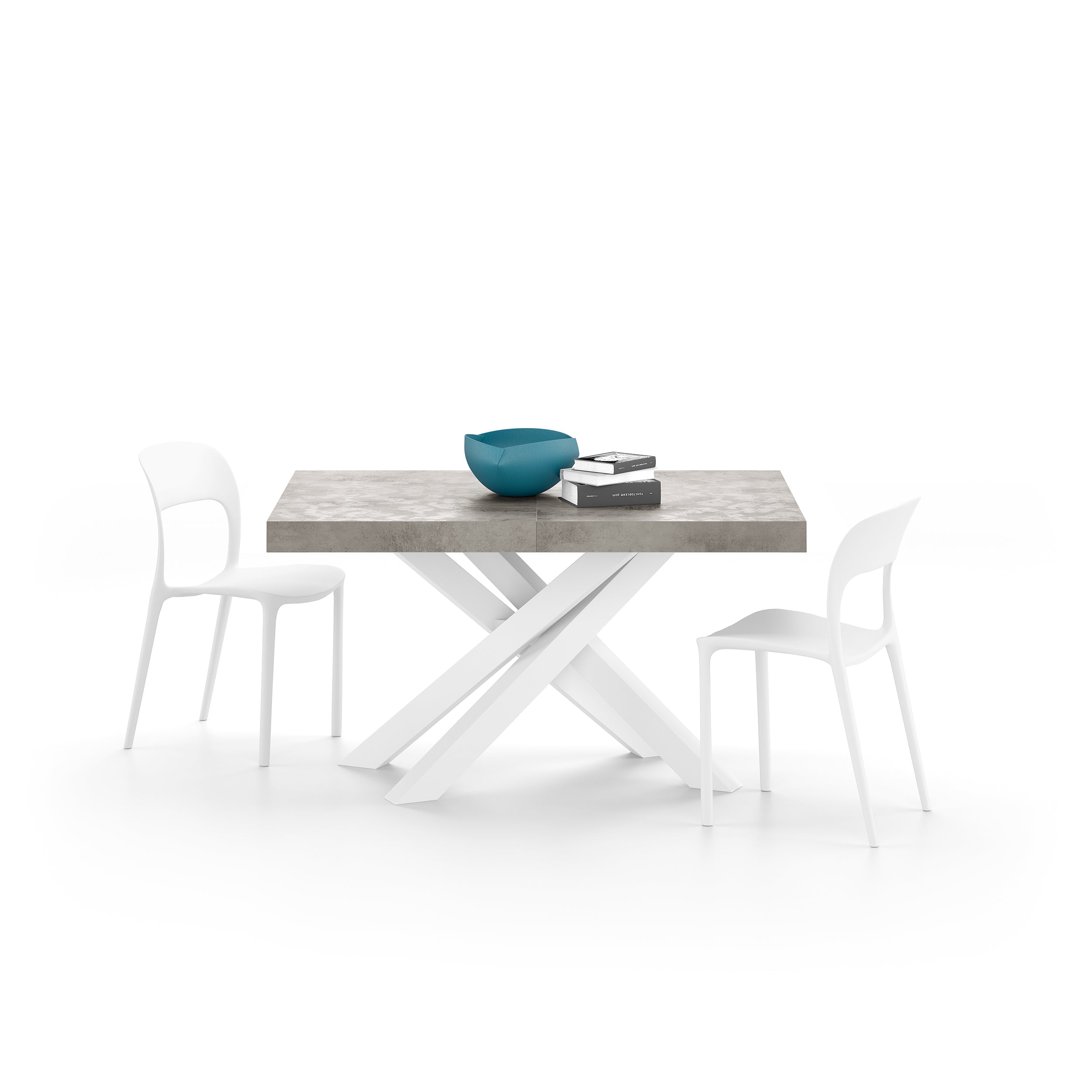 Mesa extensible Emma 140(220)x90 cm, color cemento gris con patas cruzadas blancas