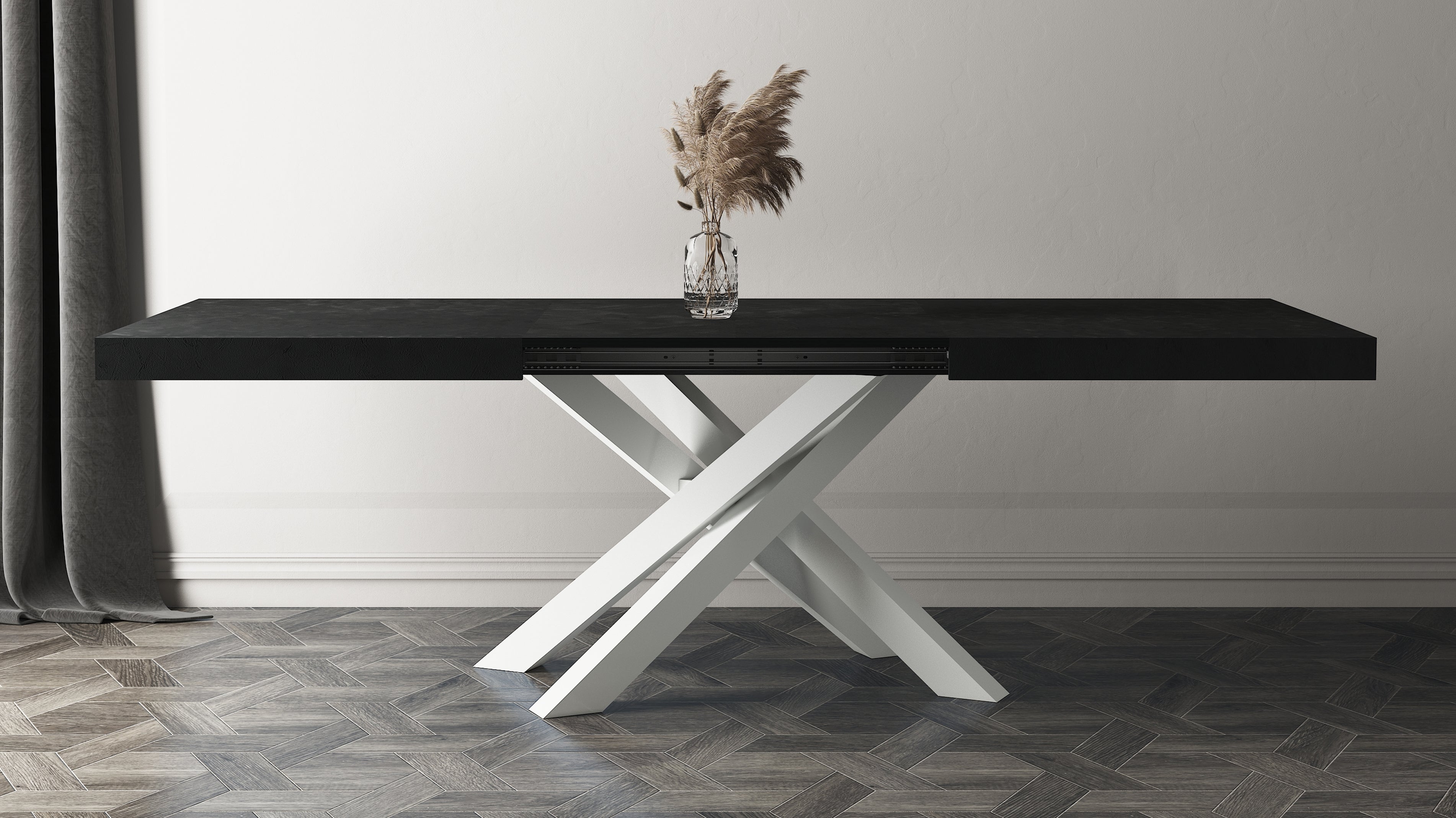 Tavolo Allungabile Emma 140(220)x90 cm, Nero Cemento con Gambe Incrociate Bianche - Immagine ambientata 3