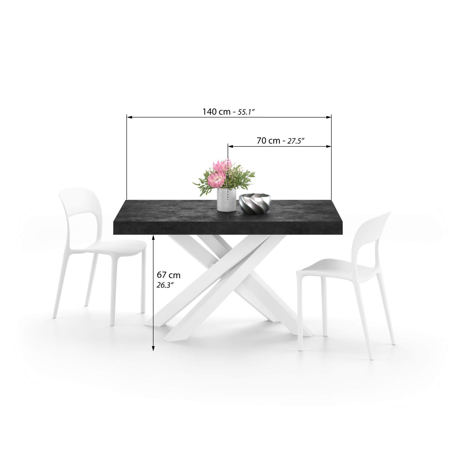 Tavolo Allungabile Emma 140(220)x90 cm, Nero Cemento con Gambe Incrociate Bianche - Immagine tecnica 1