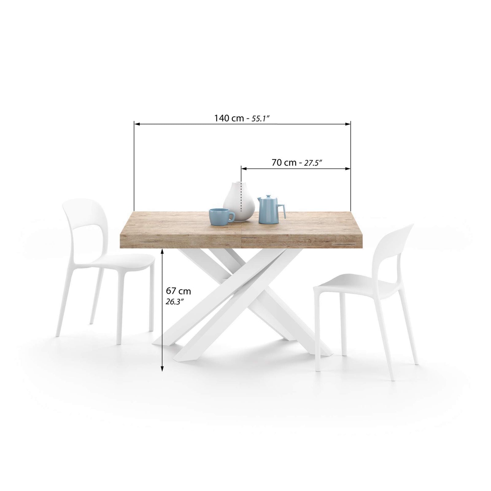 Emma 55.11(86.6)x35.4 in Extendable Table, Oak with White Crossed Legs - Immagine tecnica 1