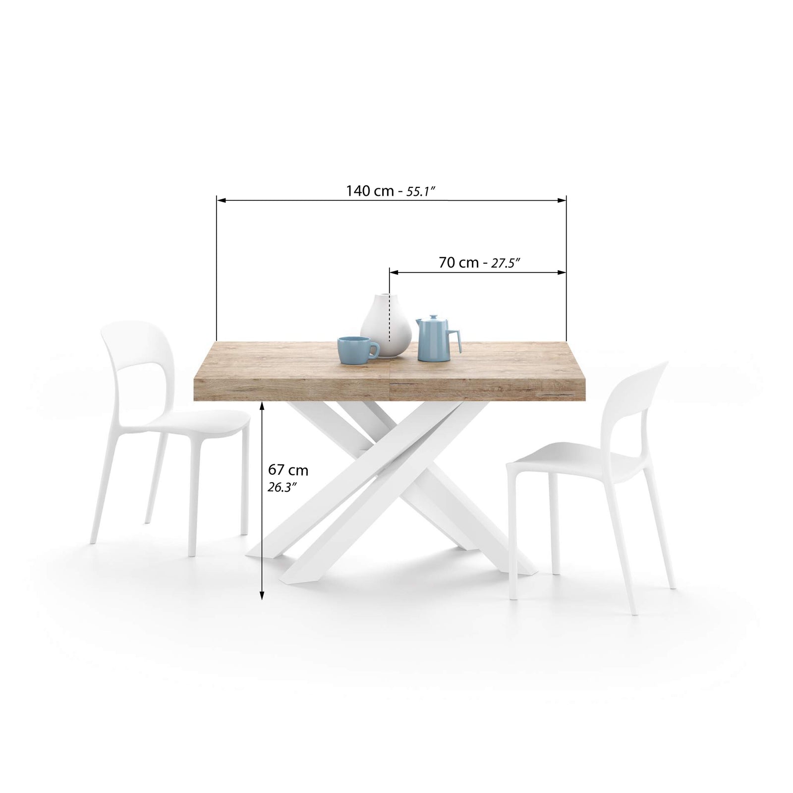 Masă extensibilă Emma 140(220)x90 cm, stejar cu picioare încrucișate albe - Immagine tecnica 1