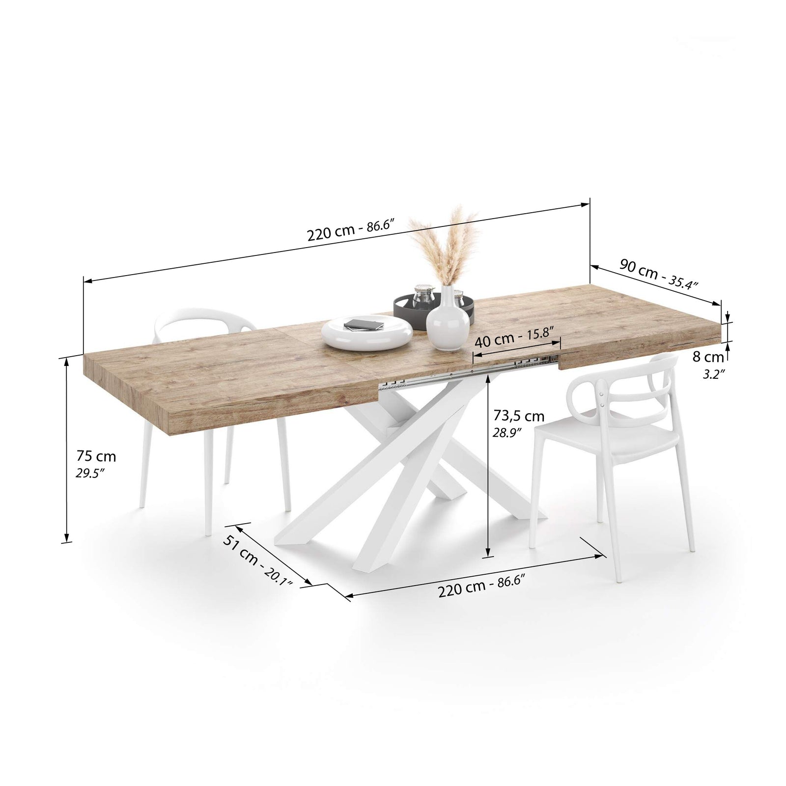 Emma 55.11(86.6)x35.4 in Extendable Table, Oak with White Crossed Legs - Immagine tecnica 2