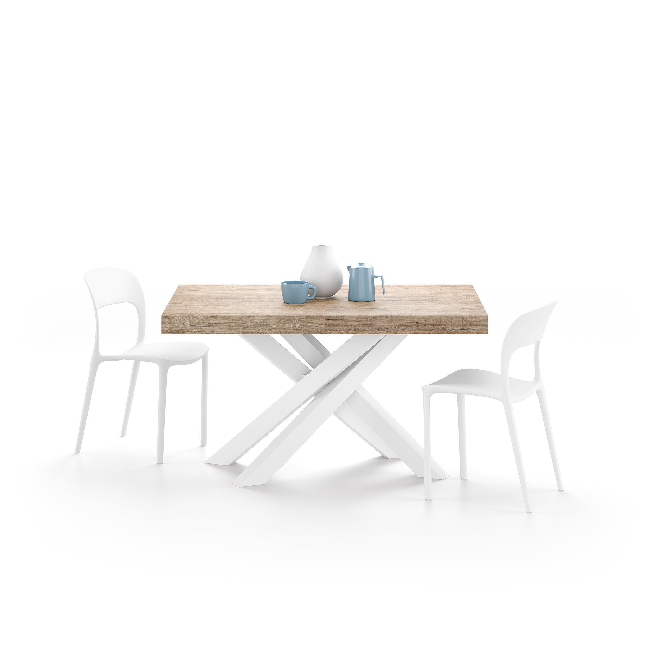 Emma 55.11(86.6)x35.4 in Extendable Table, Oak with White Crossed Legs