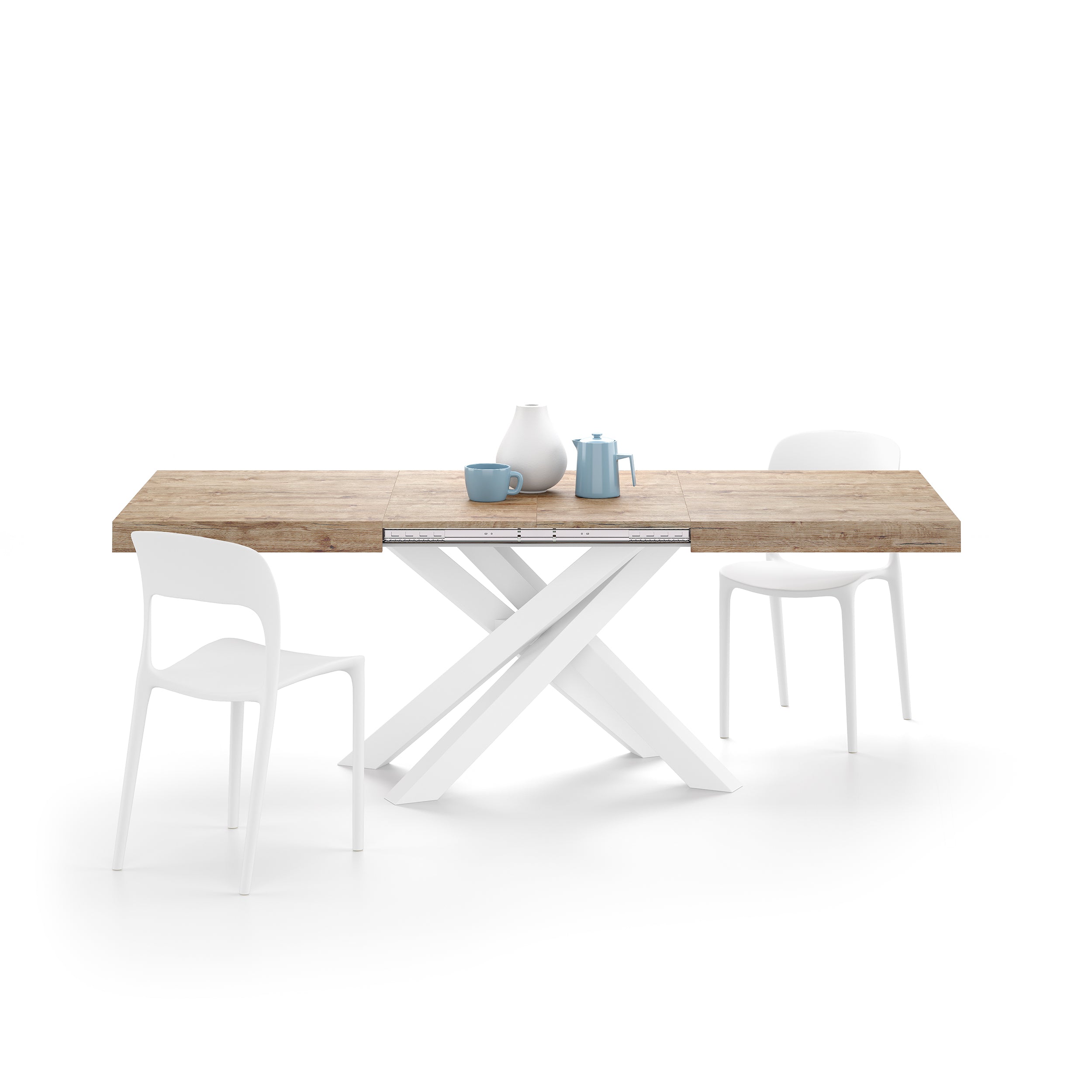 Emma 55.11(86.6)x35.4 in Extendable Table, Oak with White Crossed Legs