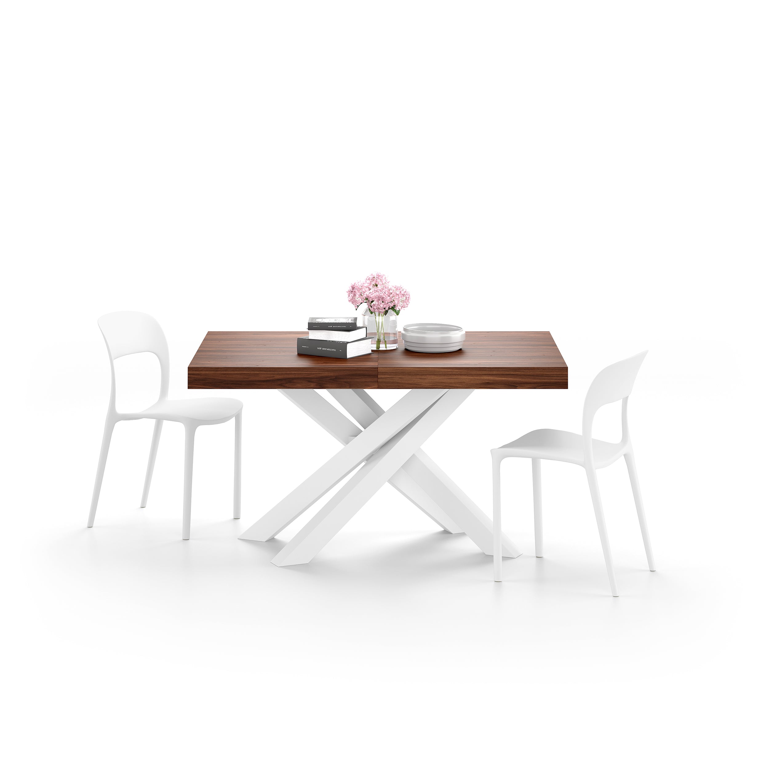 Table Extensible Emma 140(220)x90 cm, Noyer avec Pieds Croisés Blancs - Detail image 1
