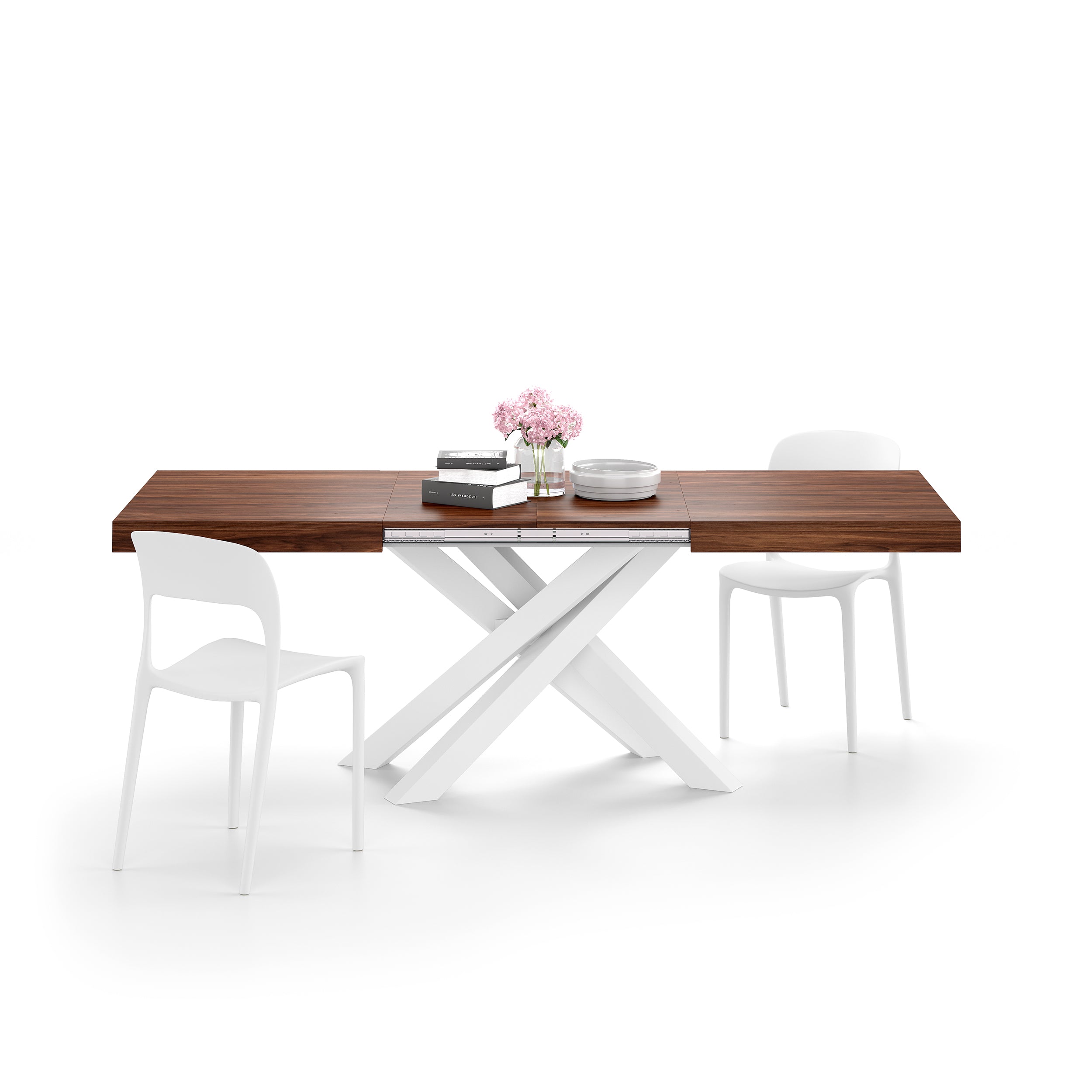Emma 55.11(86.6)x35.4 in Extendable Table, Canaletto Walnut with White Crossed Legs
