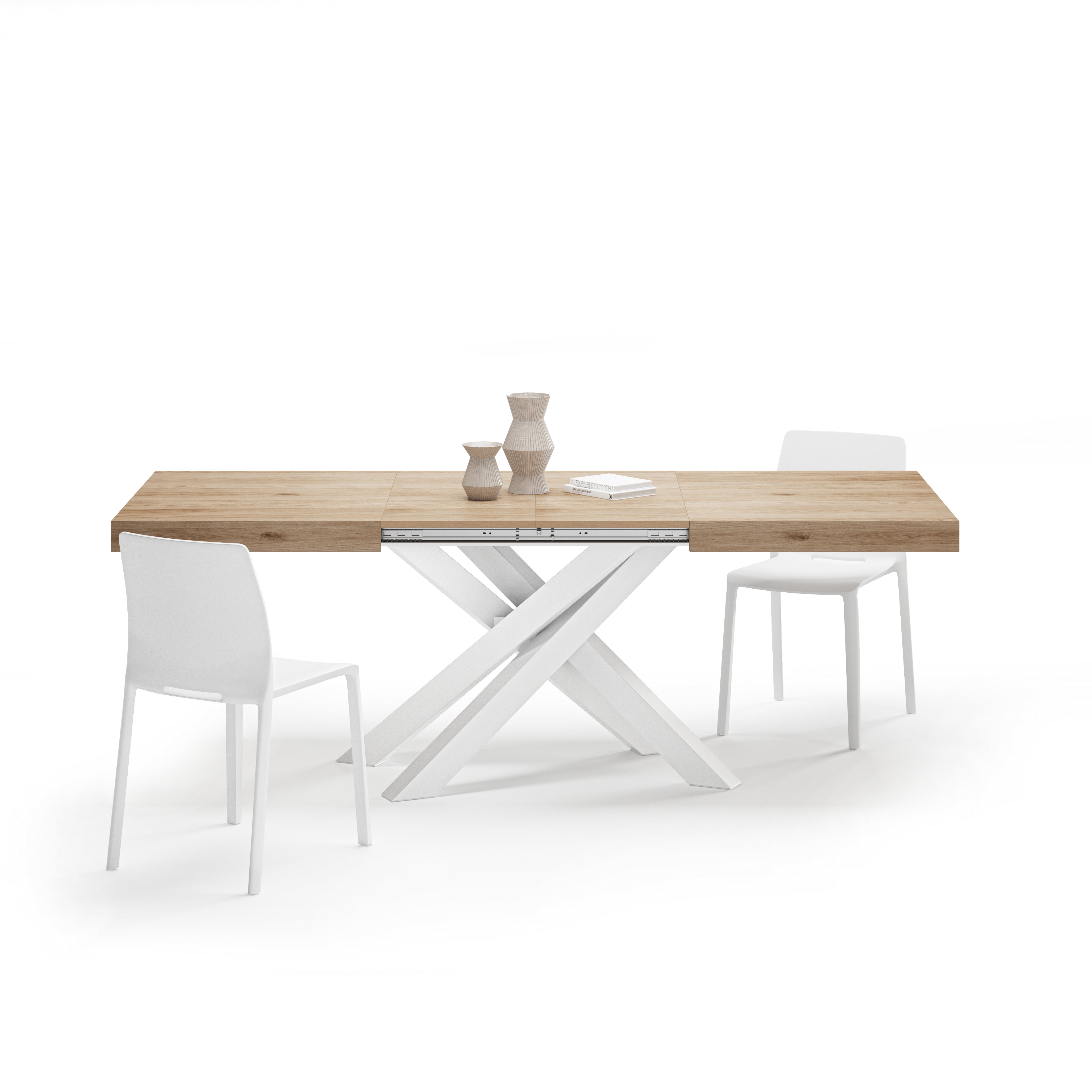 Tavolo Allungabile Emma 140(220)x90 cm, Rovere Naturale con Gambe Incrociate Bianche