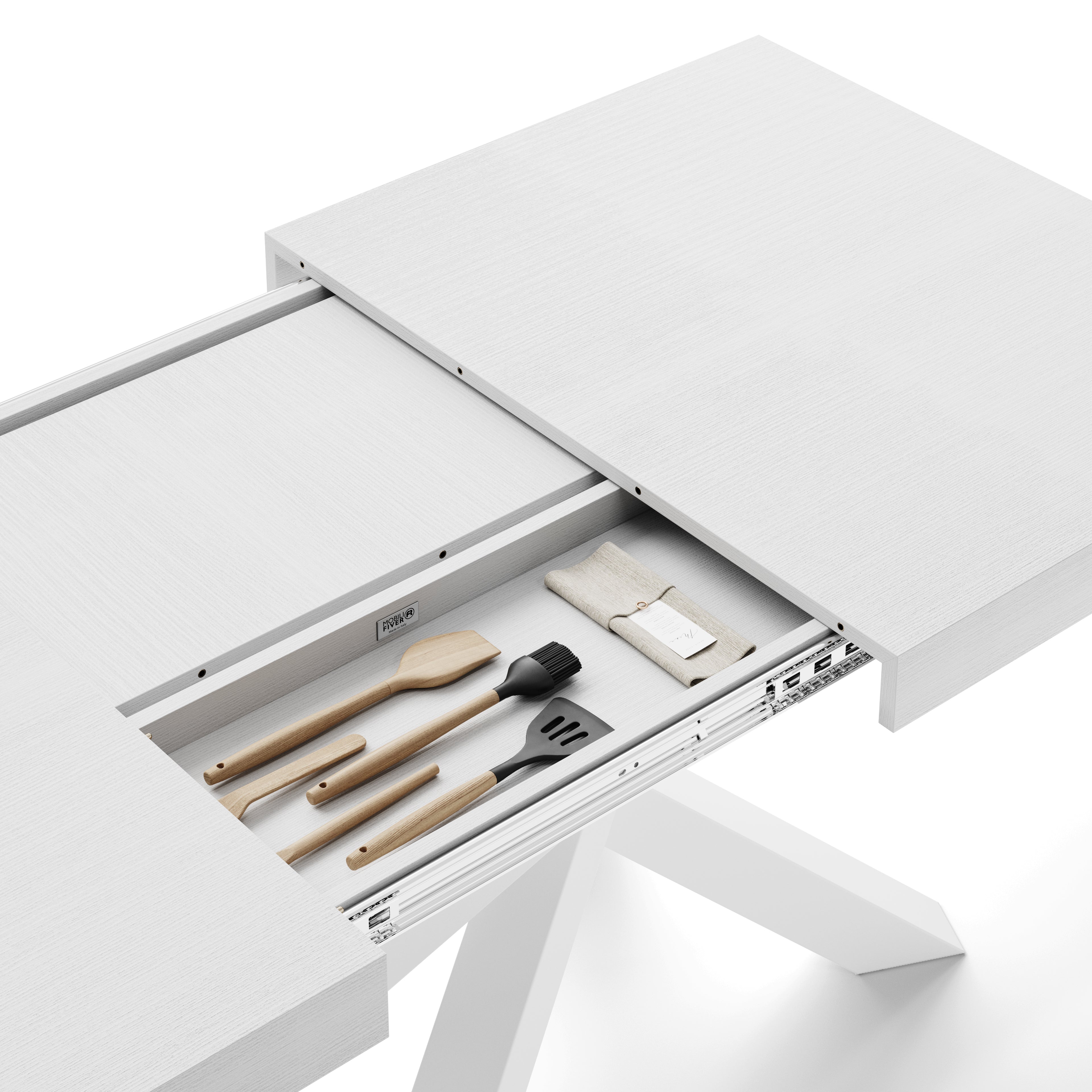 Tavolo Allungabile Emma 140(220)x90 cm, Bianco Frassino con Gambe Incrociate Bianche - Immagine dettaglio 1
