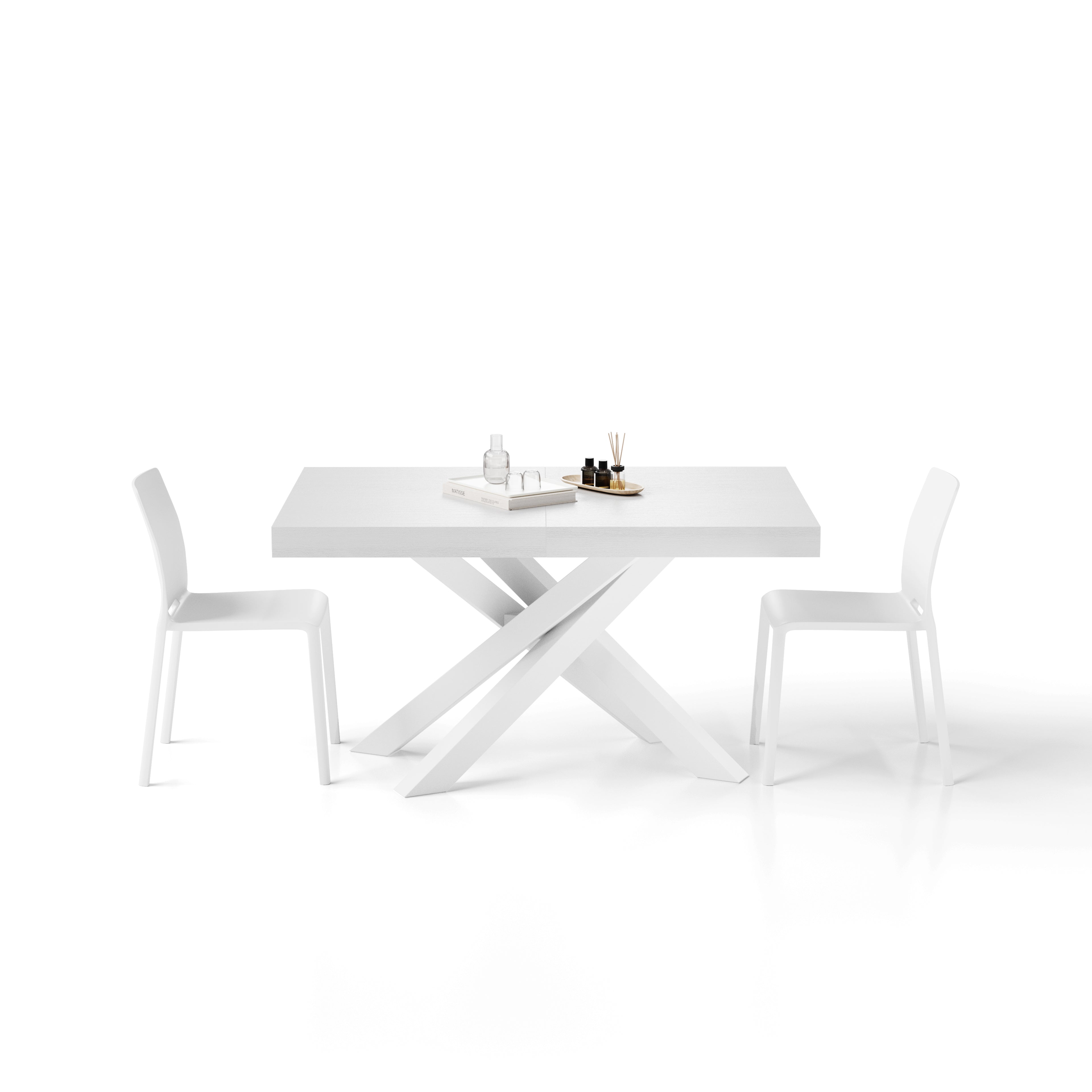 Tavolo Allungabile Emma 140(220)x90 cm, Bianco Frassino con Gambe Incrociate Bianche - Immagine dettaglio 2