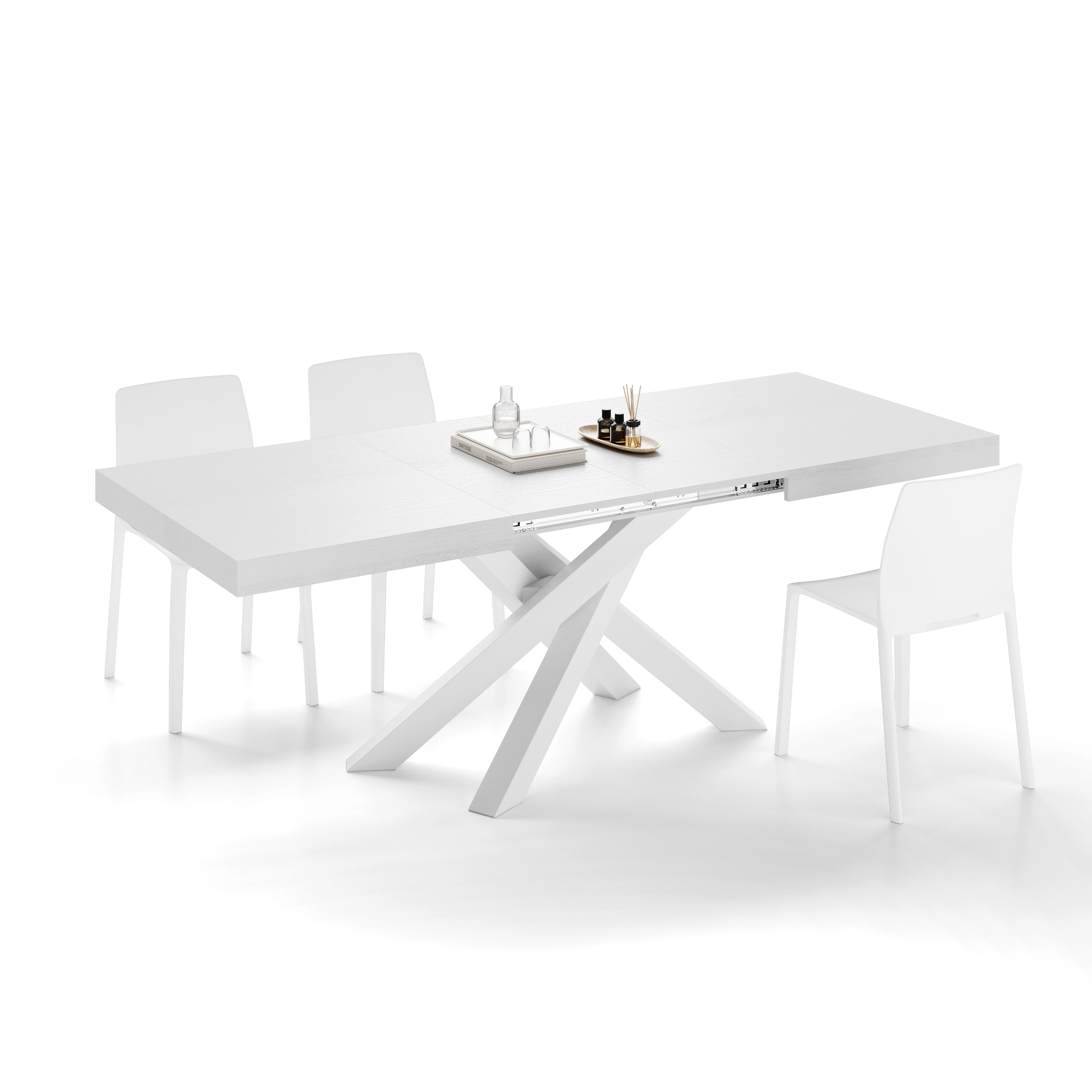 Tavolo Allungabile Emma 140(220)x90 cm, Bianco Frassino con Gambe Incrociate Bianche - Immagine dettaglio 3