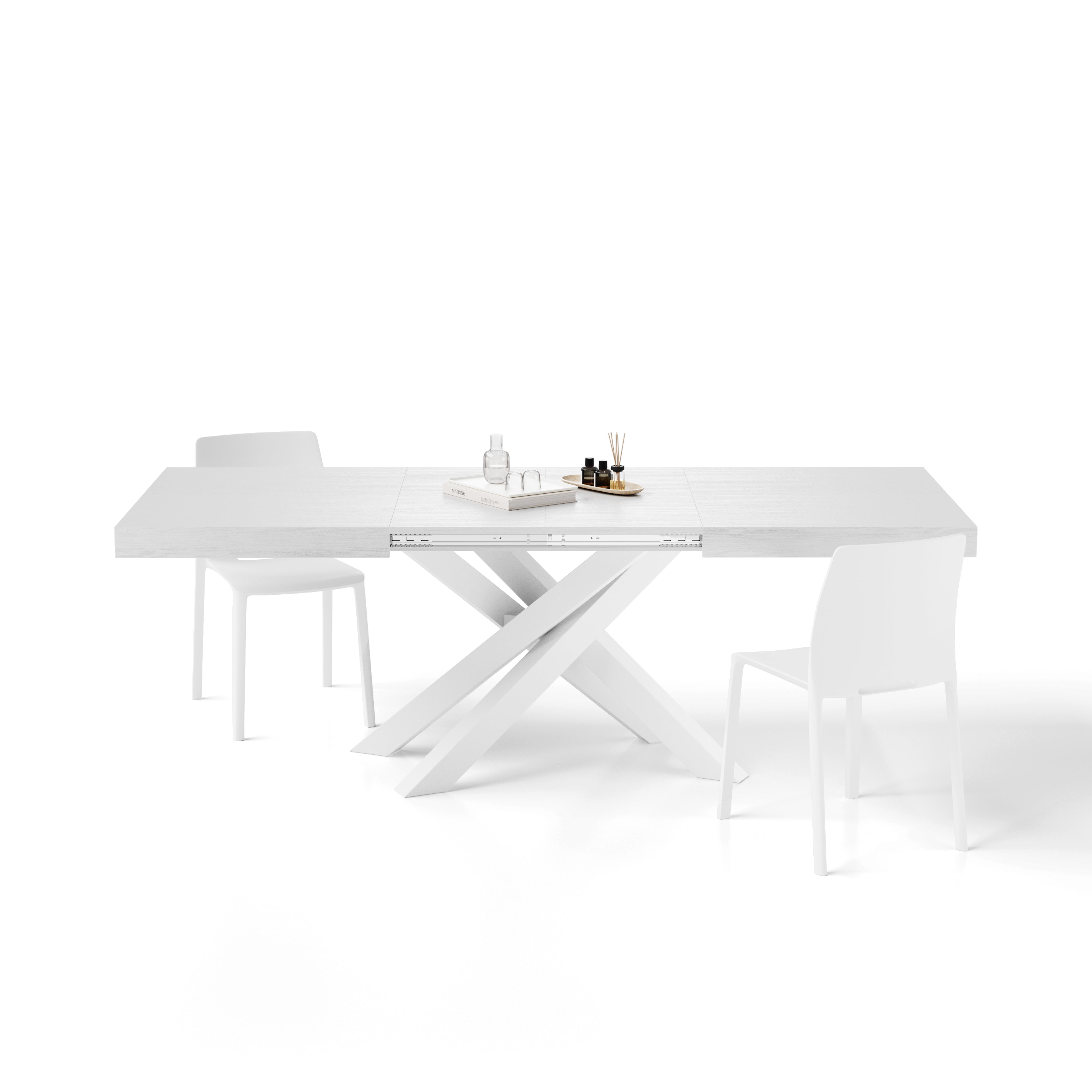Mesa extensible Emma 140(220)x90 cm, color Fresno Blanco con patas cruzadas blancas