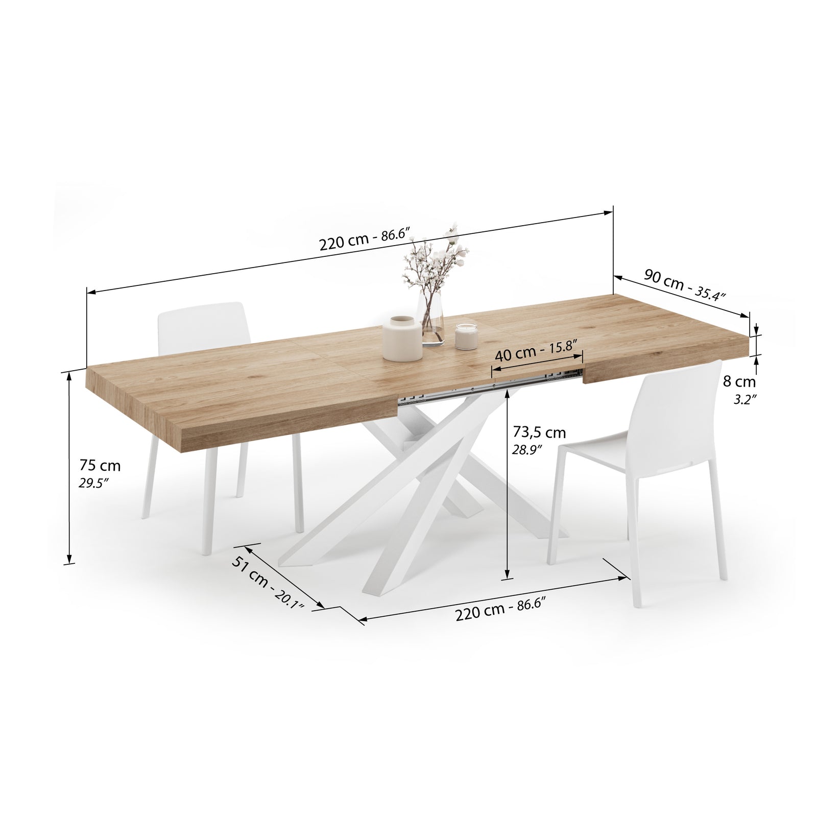 Table Extensible Emma 140(220)x90 cm, Chêne Clair avec Pieds Croisés Blancs - Immagine tecnica 2