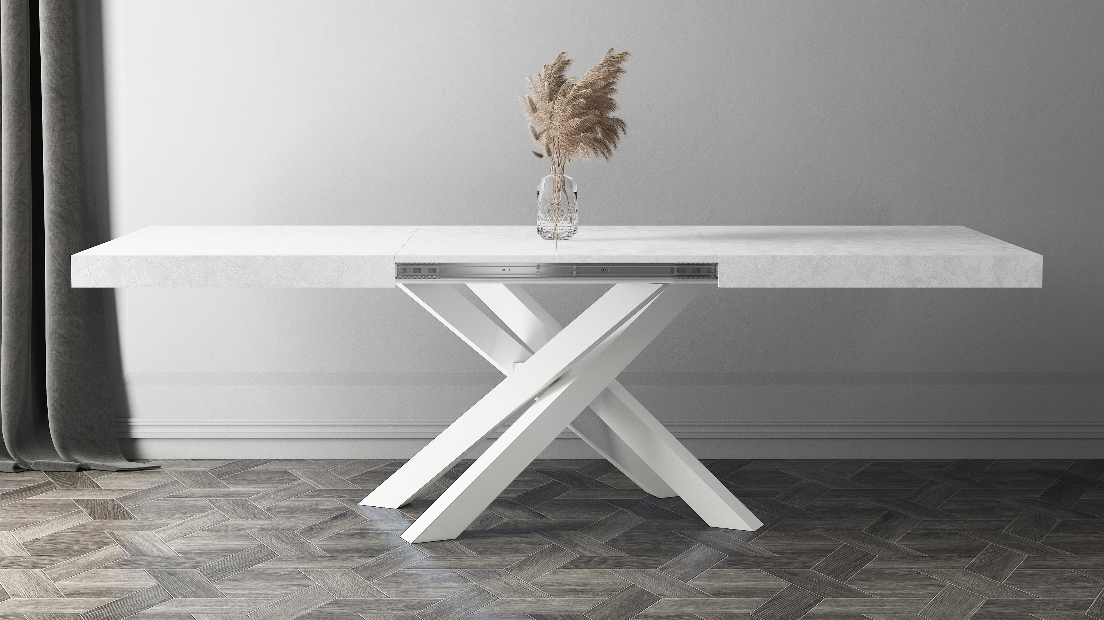 Tavolo Allungabile Emma 160(240)x90 cm, Cemento Bianco con Gambe Incrociate Bianche - Immagine ambientata 2