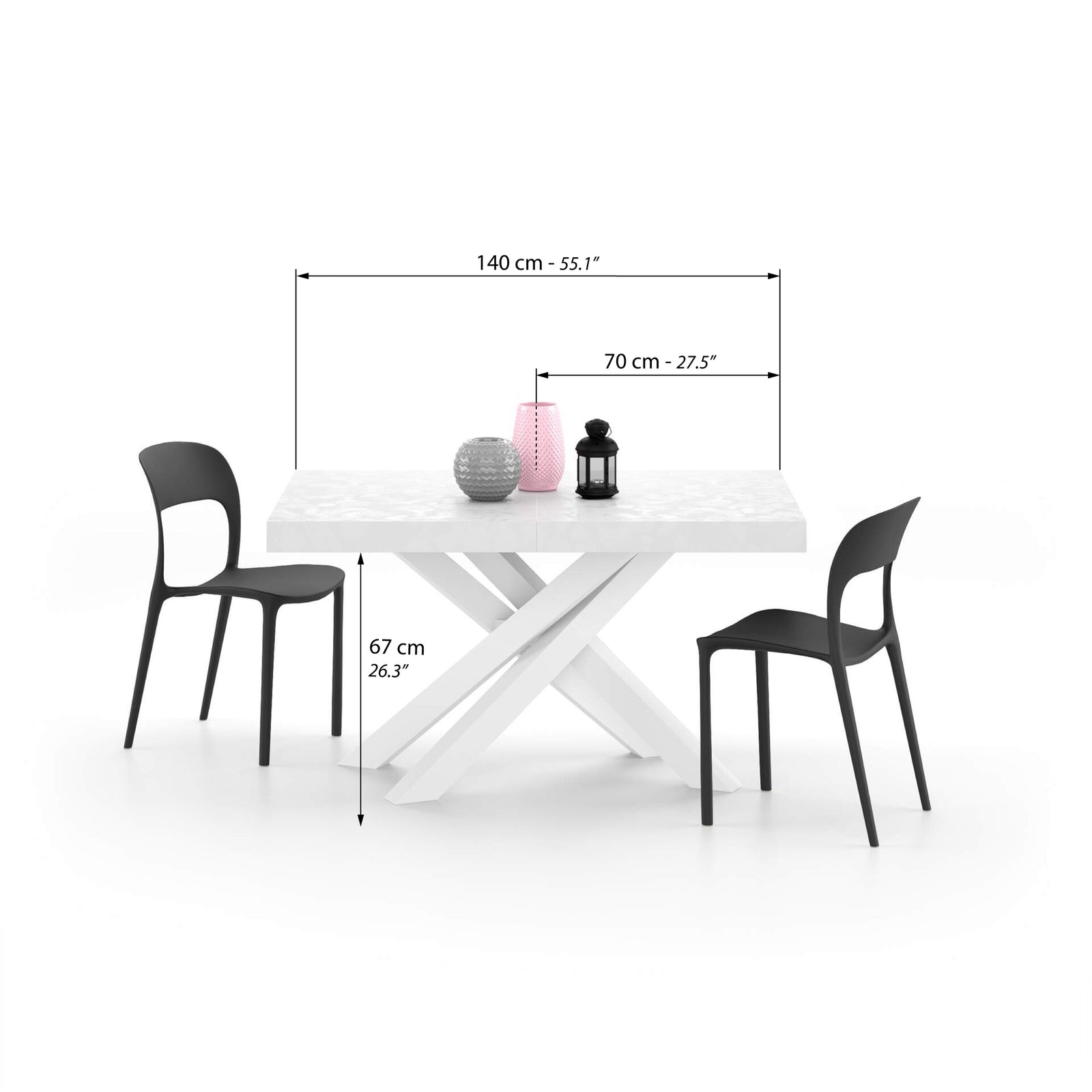 Masă extensibilă Emma 140(220)x90 cm, Alb Ciment cu picioare încrucișate albe - Immagine tecnica 1